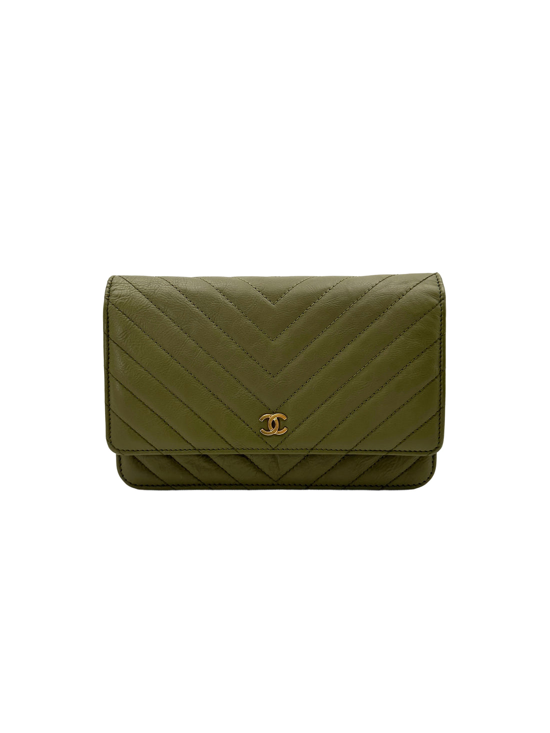 Chanel Green Chevron Quilted Leather Wallet On Chain With Gold Hardware(22***41) CC1825