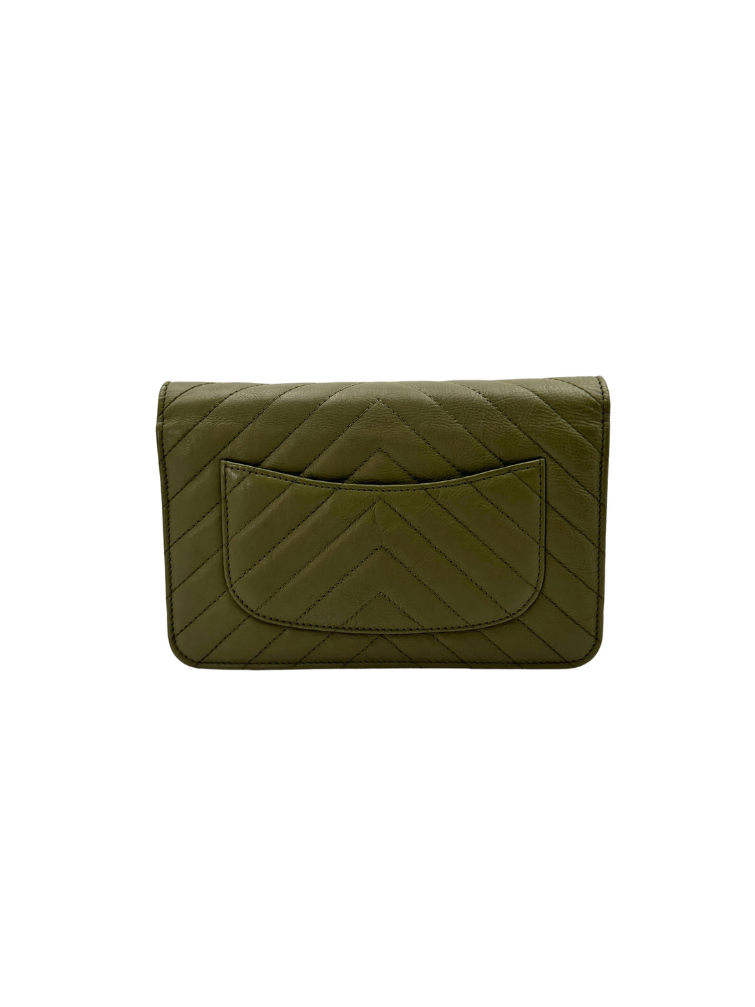Chanel Green Chevron Quilted Leather Wallet On Chain With Gold Hardware(22***41) CC1825