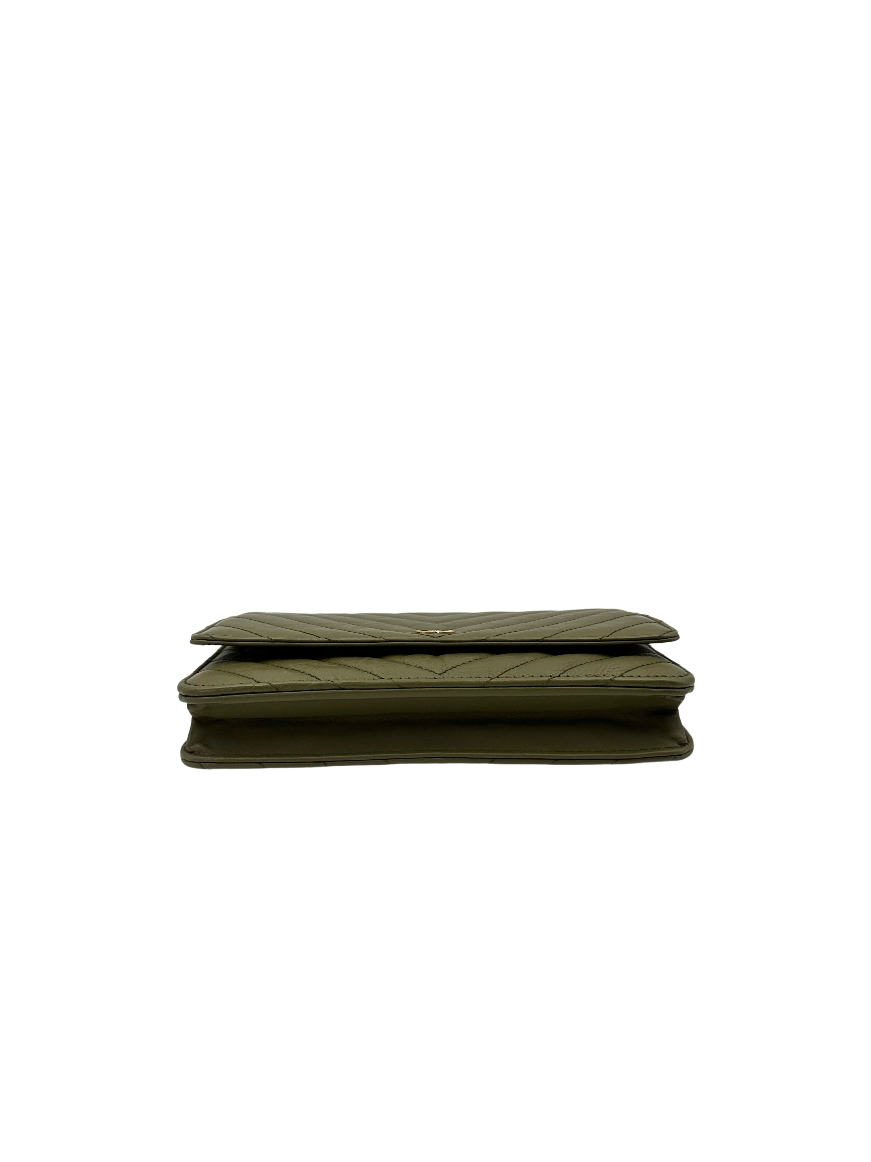 Chanel Green Chevron Quilted Leather Wallet On Chain With Gold Hardware(22***41) CC1825