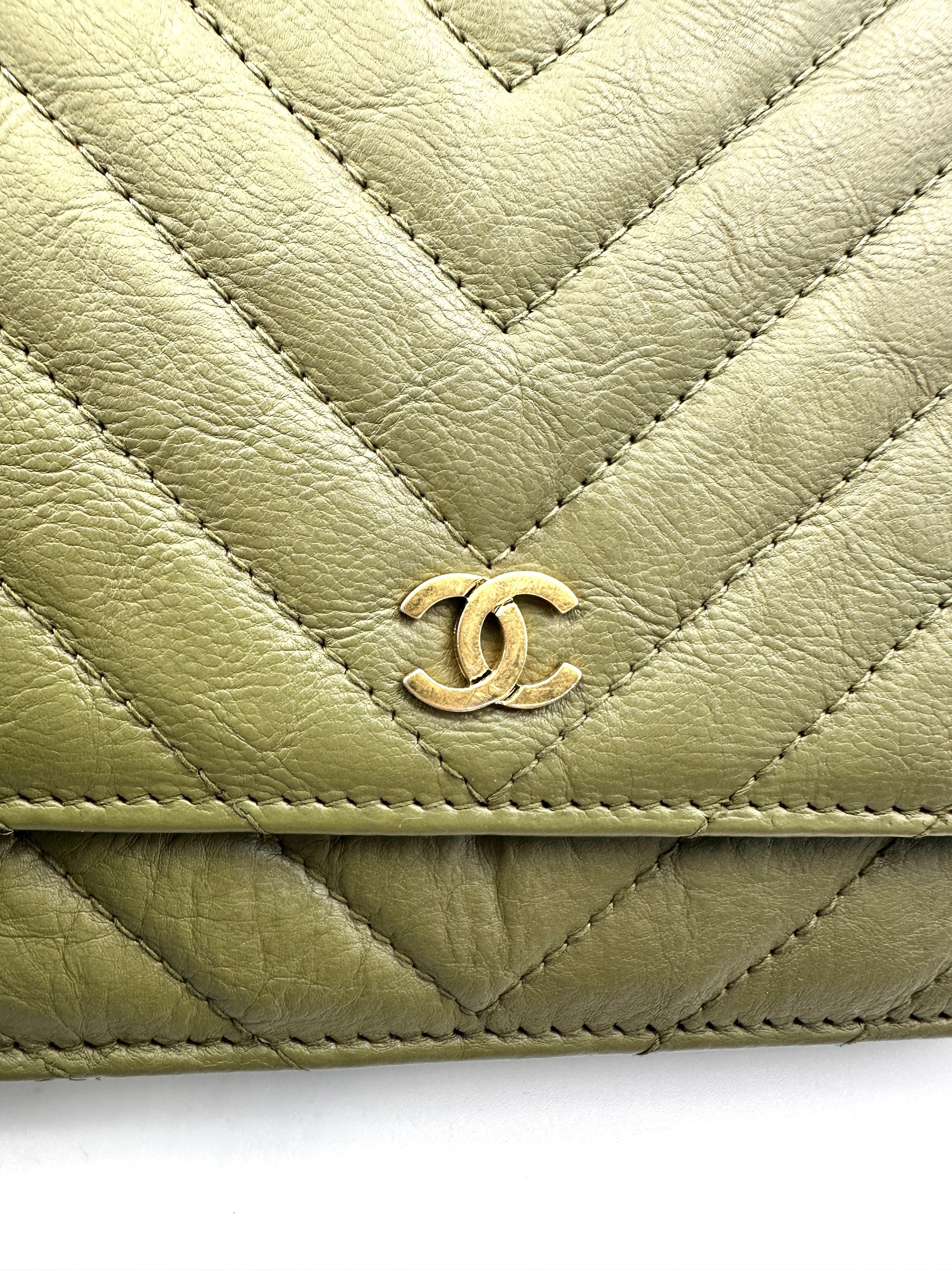 Chanel Green Chevron Quilted Leather Wallet On Chain With Gold Hardware(22***41) CC1825