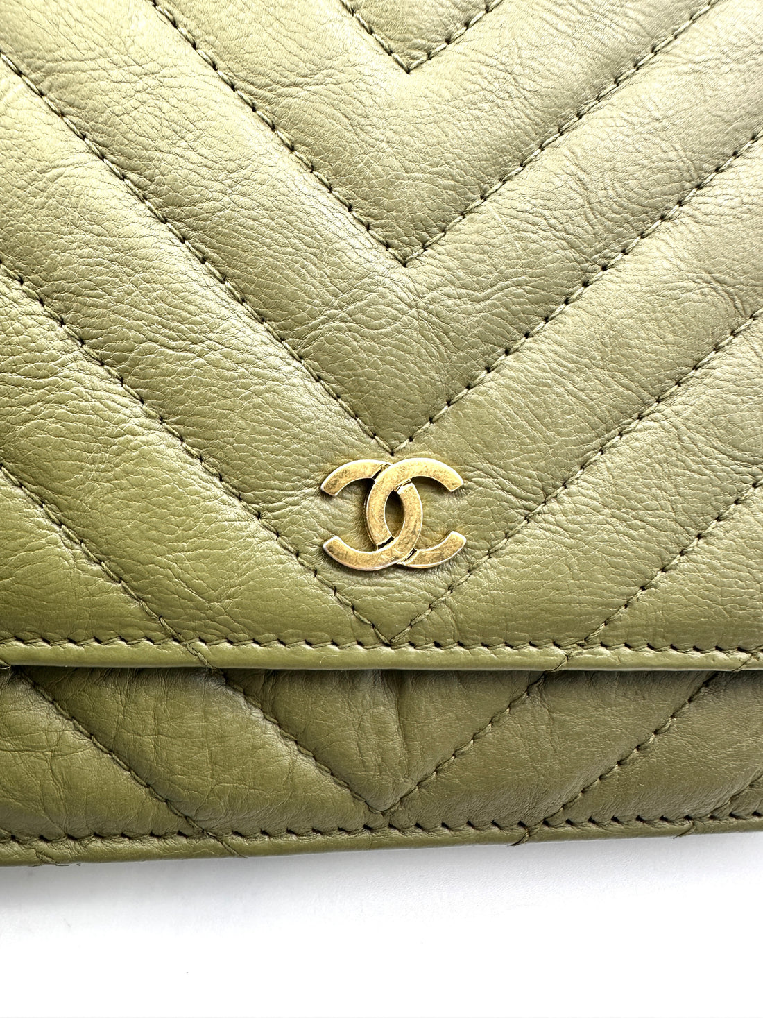 Chanel Green Chevron Quilted Leather Wallet On Chain With Gold Hardware(22***41) CC1825