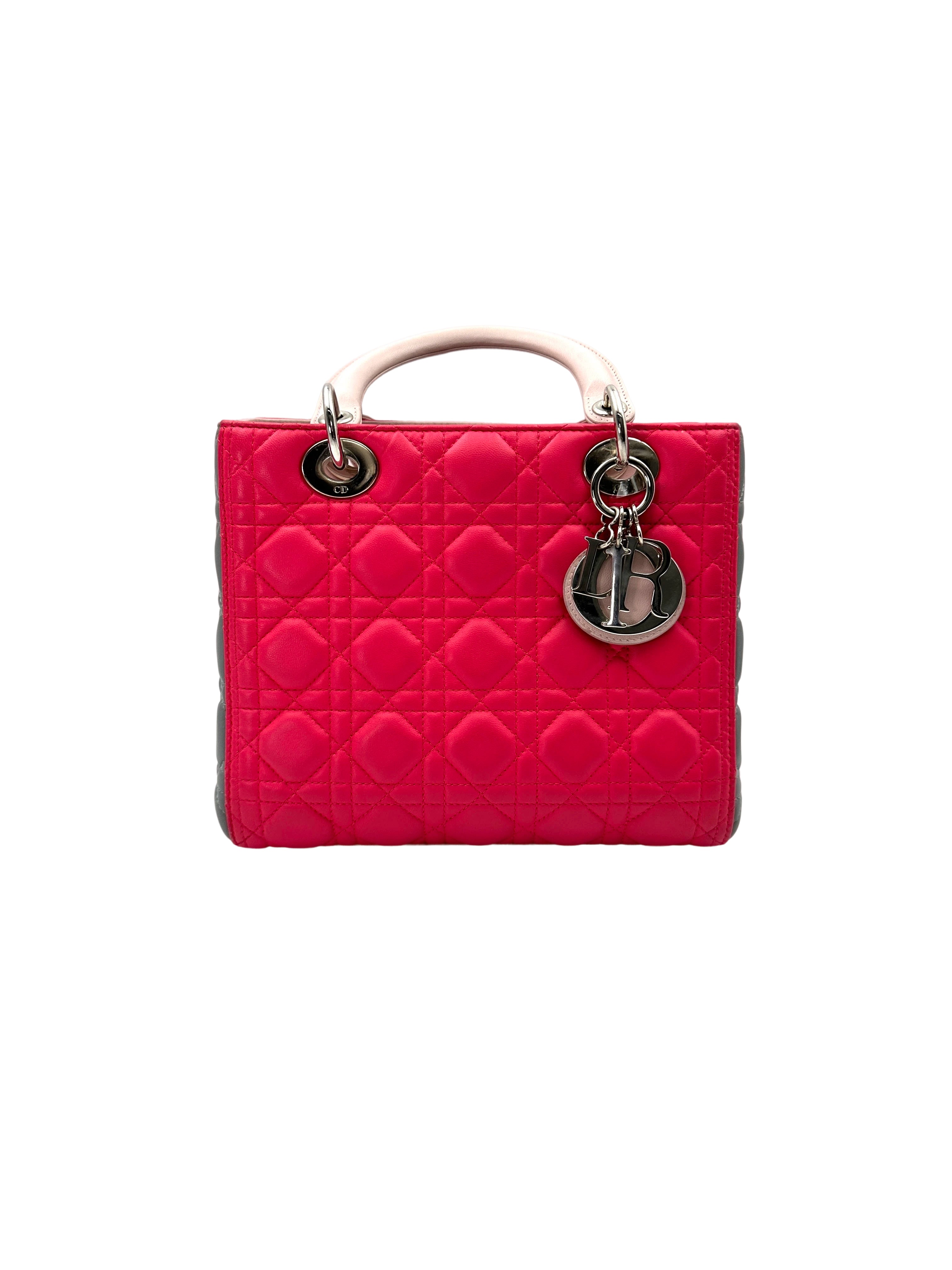 Christian Dior Lady Dior Pink Cannage Leather Handle Bag With Silver Charms DR695