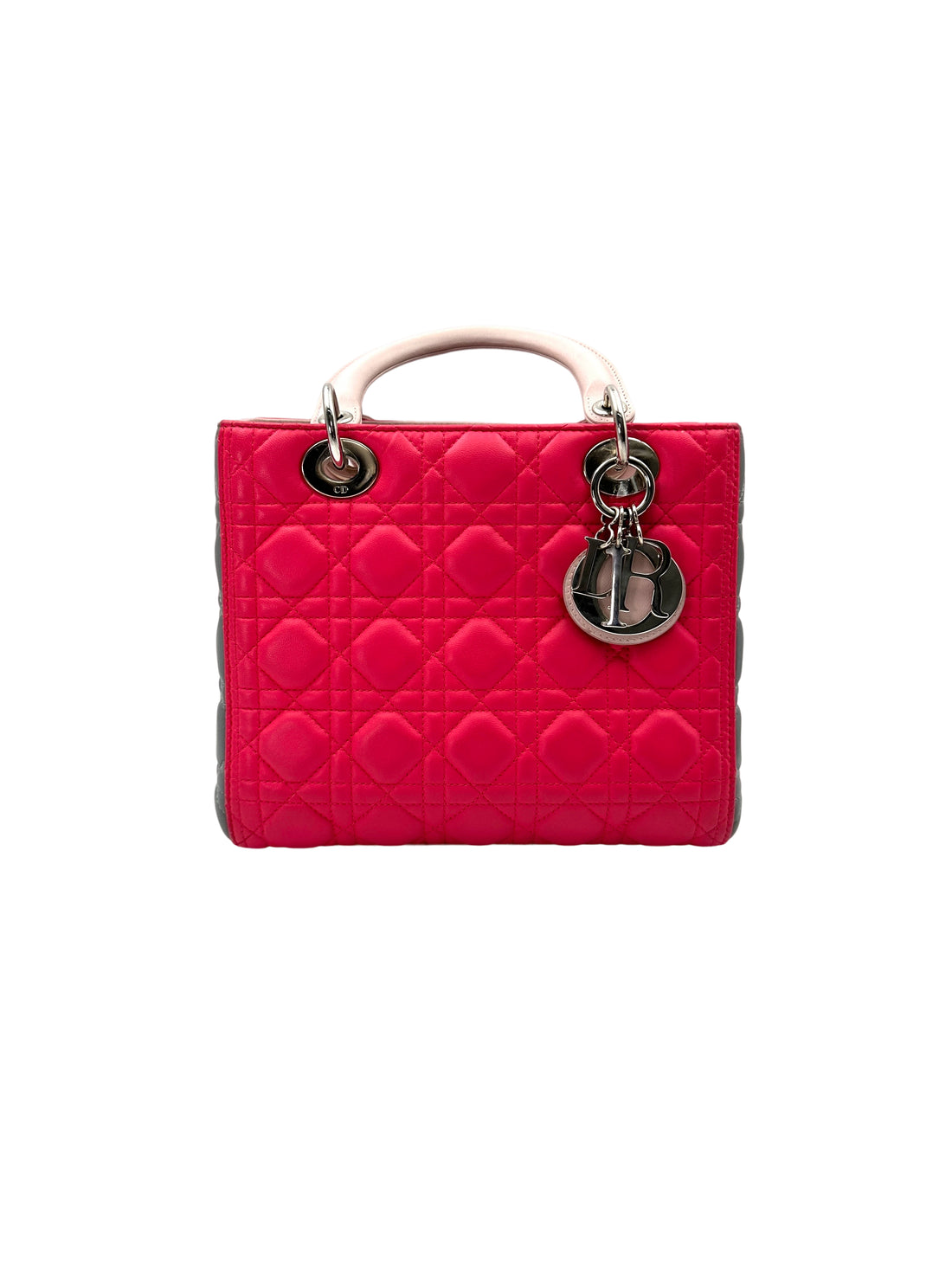Christian Dior Lady Dior Pink Cannage Leather Handle Bag With Silver Charms DR695