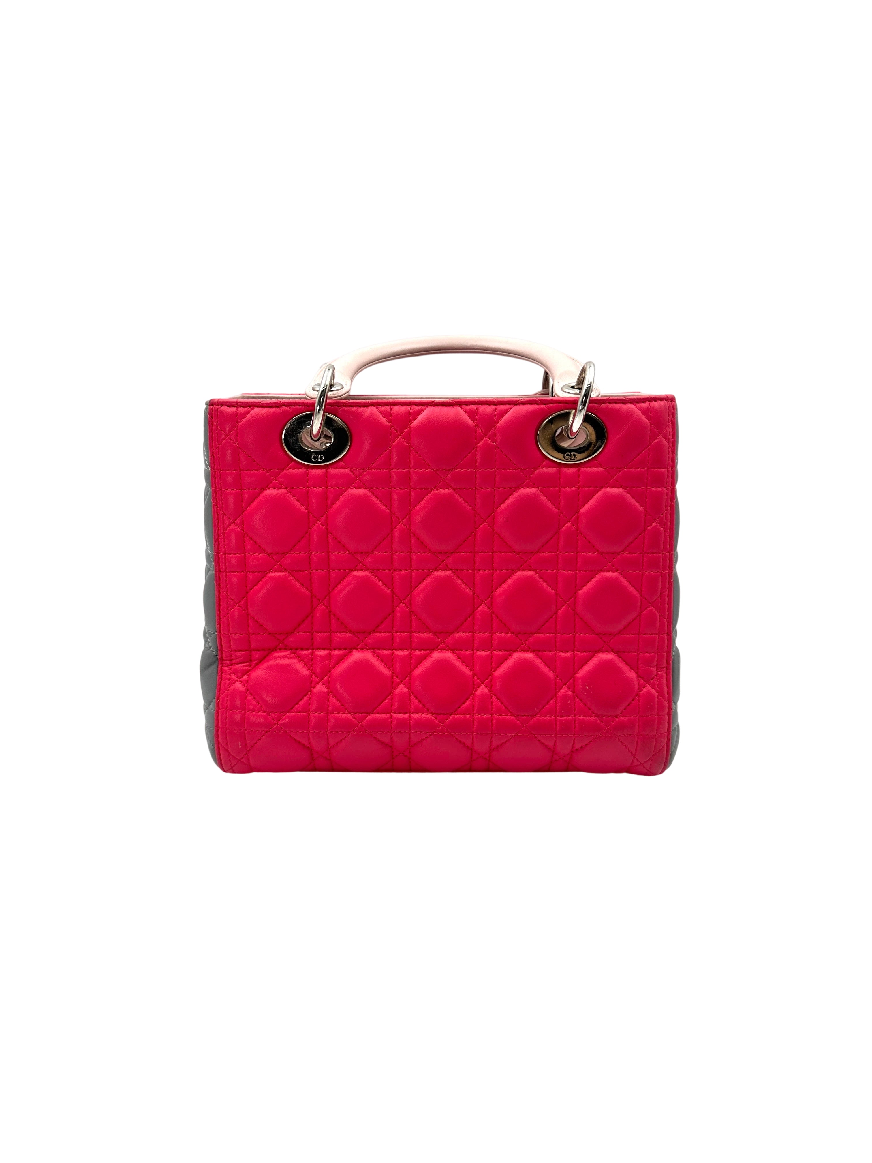 Christian Dior Lady Dior Pink Cannage Leather Handle Bag With Silver Charms DR695