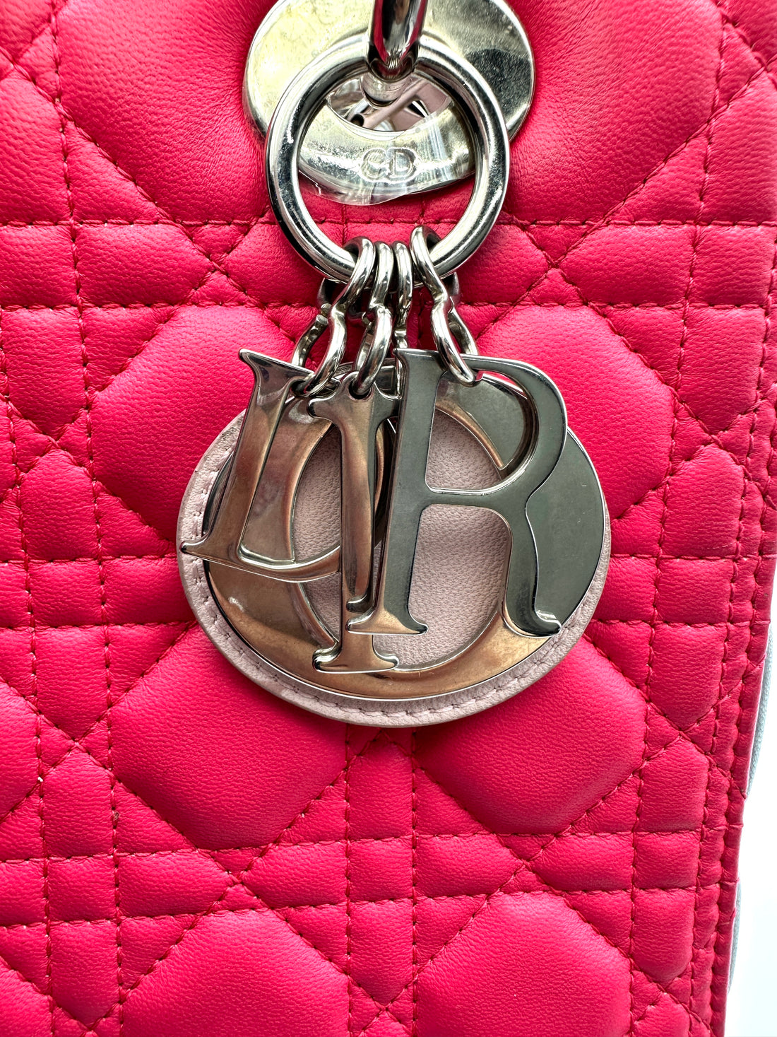 Christian Dior Lady Dior Pink Cannage Leather Handle Bag With Silver Charms DR695