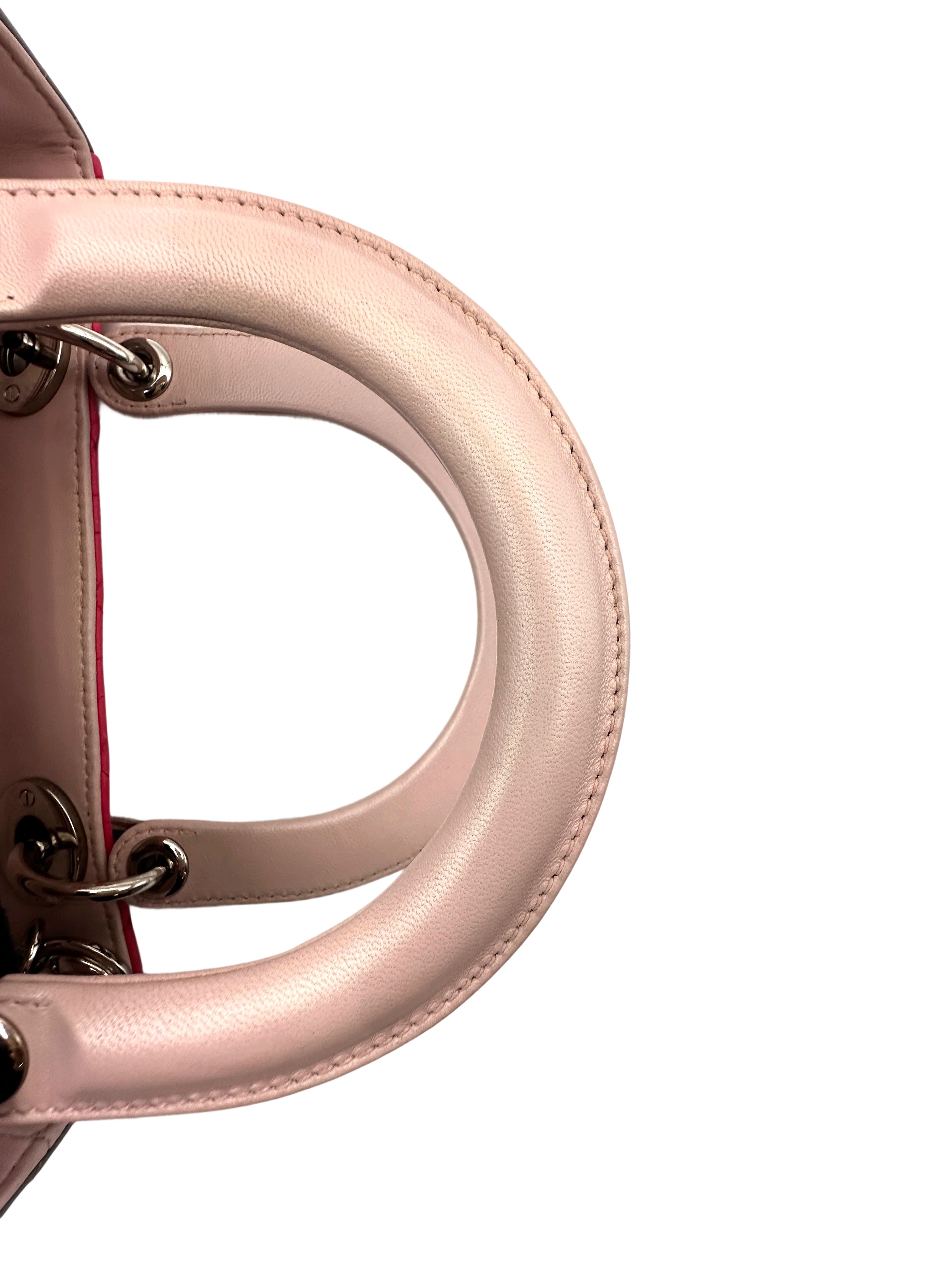 Christian Dior Lady Dior Pink Cannage Leather Handle Bag With Silver Charms DR695