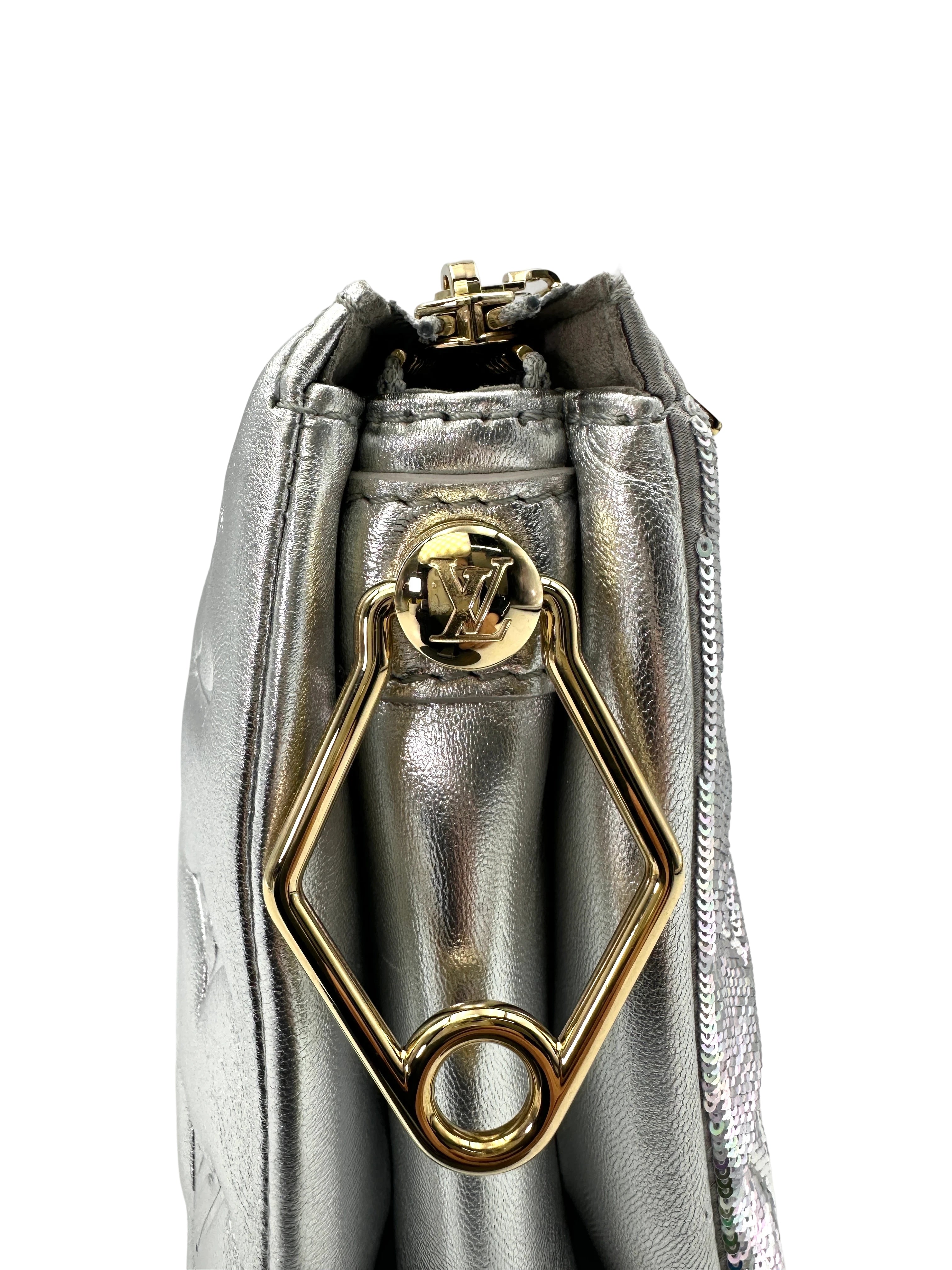 Louis Vuitton Coussin BB Silver Monogram Embossed Leather Wallet On Chain IRIS190