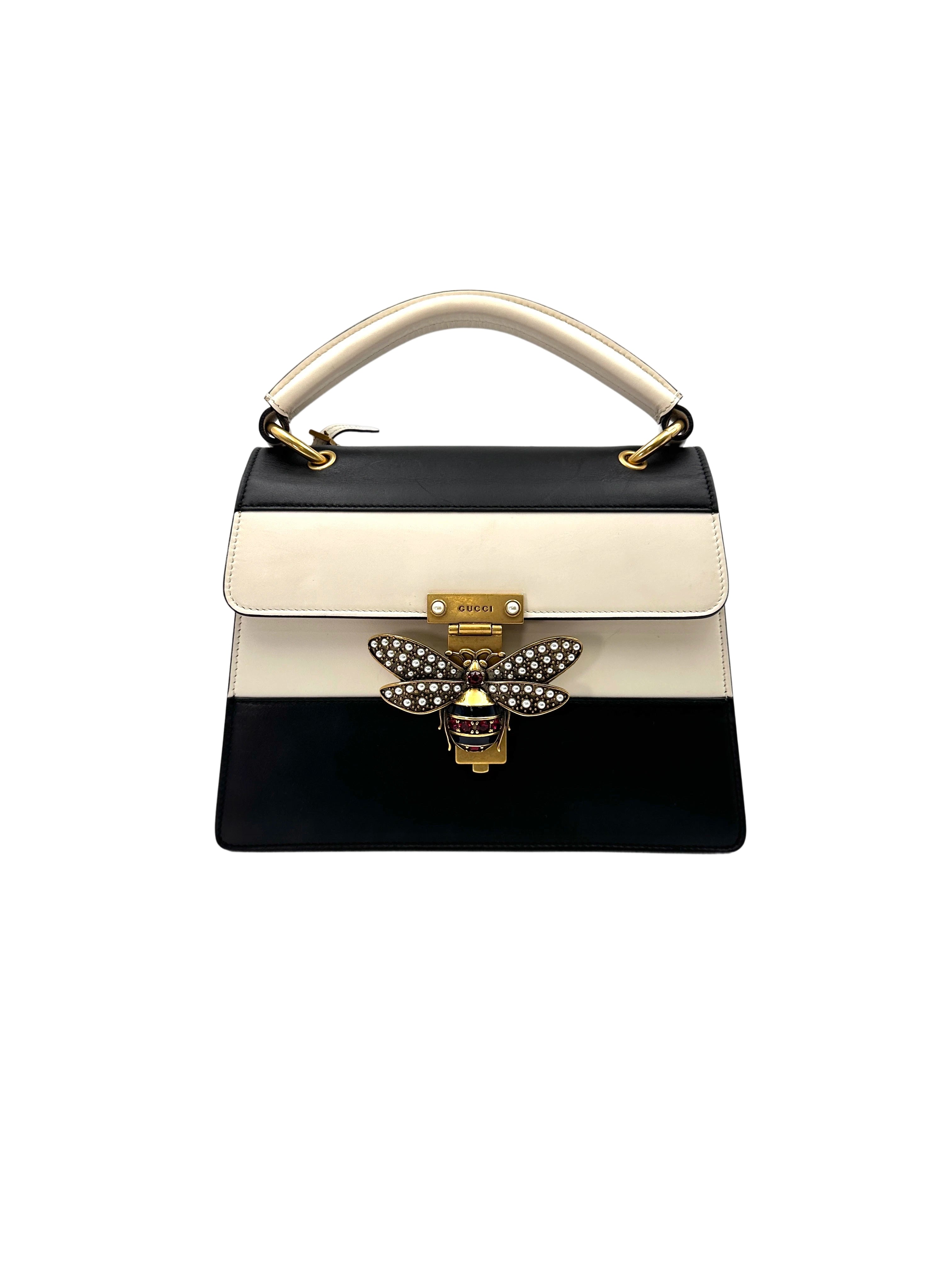 Gucci Queen Margaret Bee Black/White Leather Top Handle Bag GG878