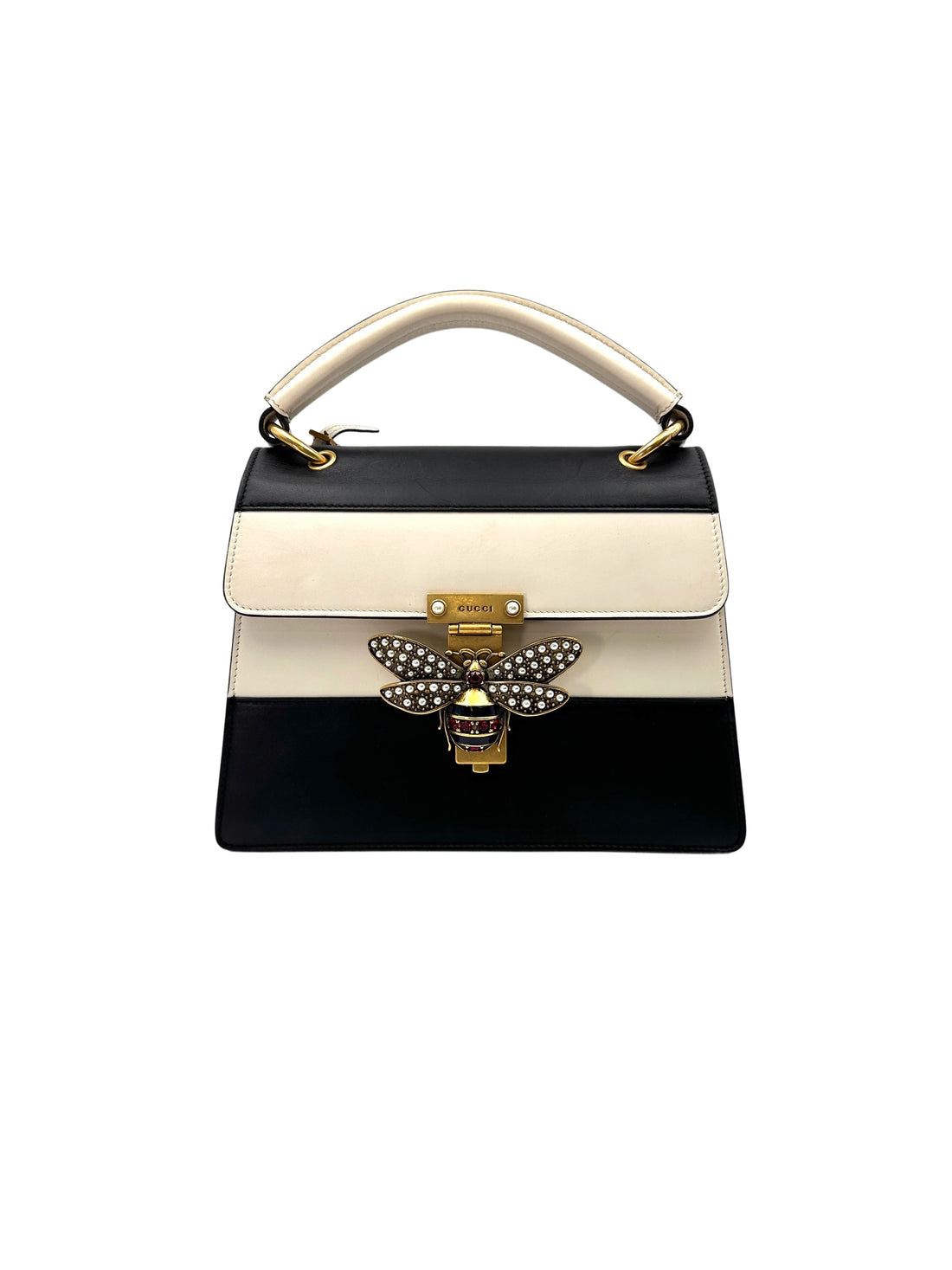 Gucci Queen Margaret Bee Black/White Leather Top Handle Bag GG878