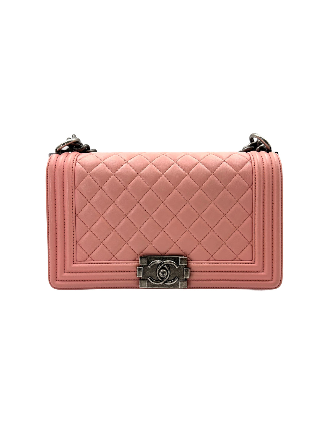 Chanel LeBoy Pink Quilted Lambskin Medium Size Flap Bag With Aged Silver Buckle(20***24) CC1834