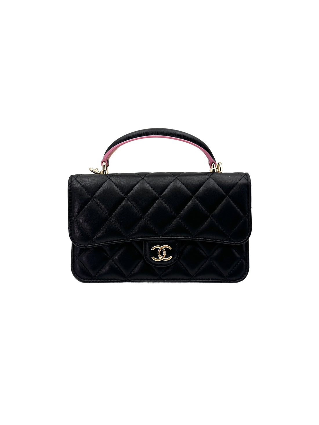 Chanel Black Quilted Leather Pink Top Handle Bag(C8***04) IRIS192