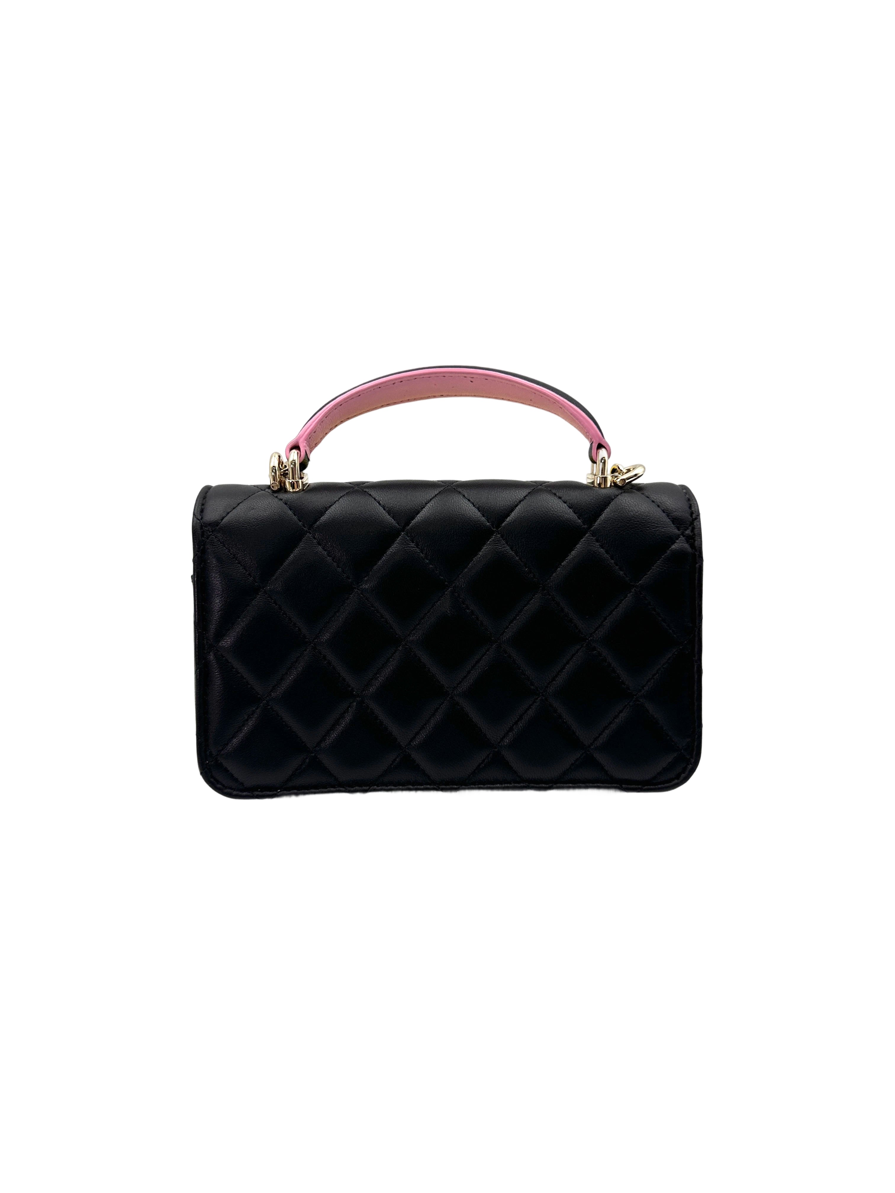 Chanel Black Quilted Leather Pink Top Handle Bag(C8***04) IRIS192