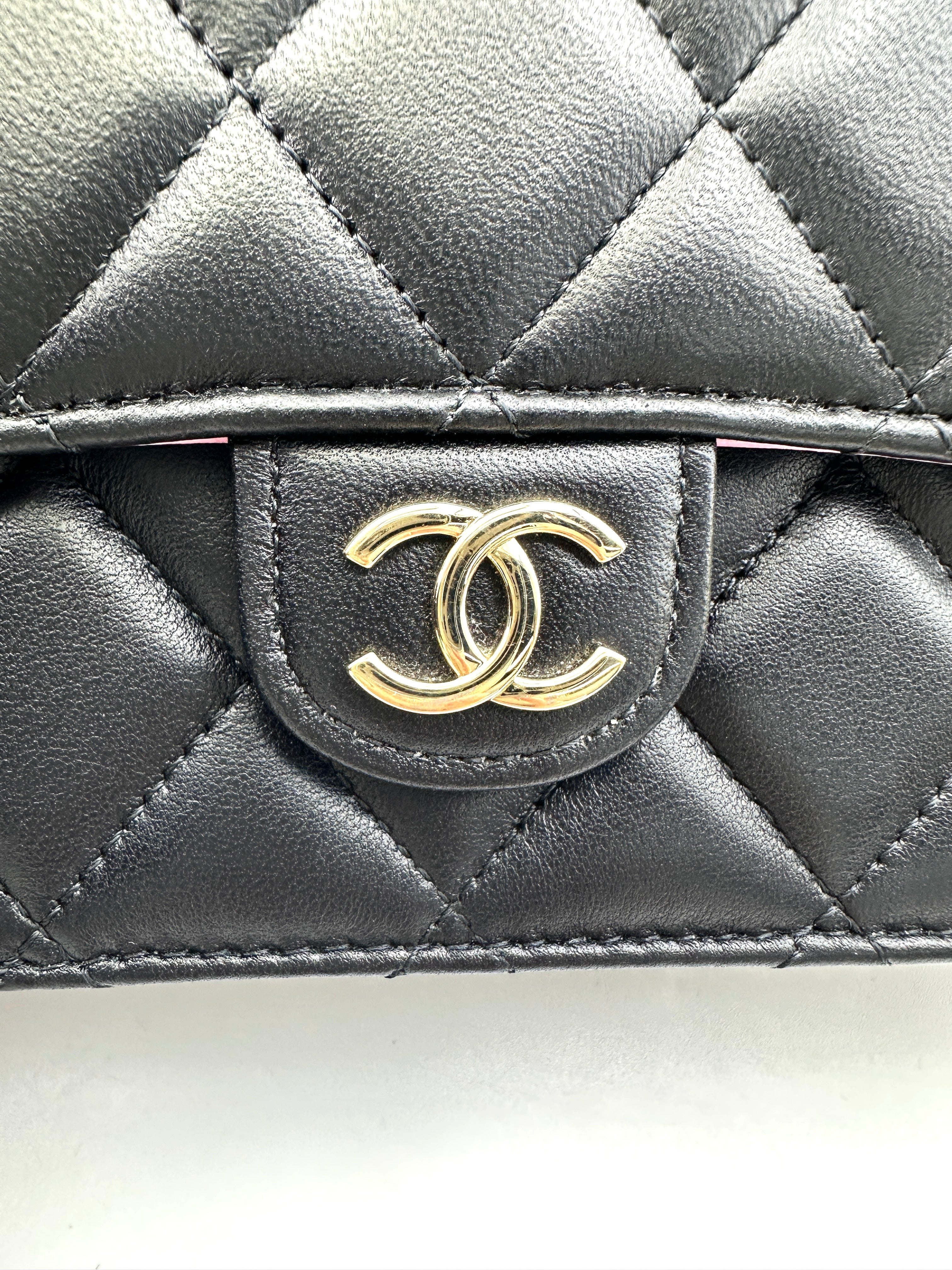 Chanel Black Quilted Leather Pink Top Handle Bag(C8***04) IRIS192