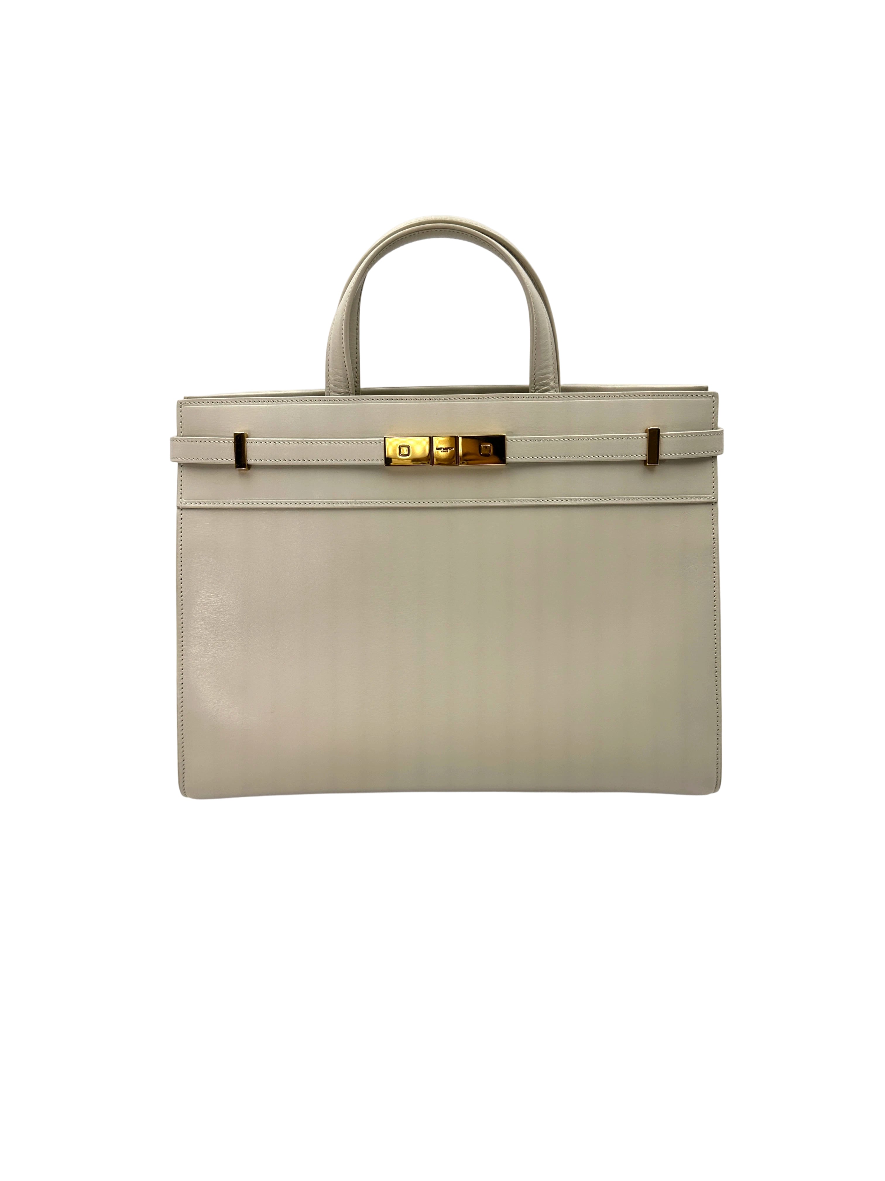 Saint Laurent Manhattan White Leather Handle Bag With Gold Hardware SL193