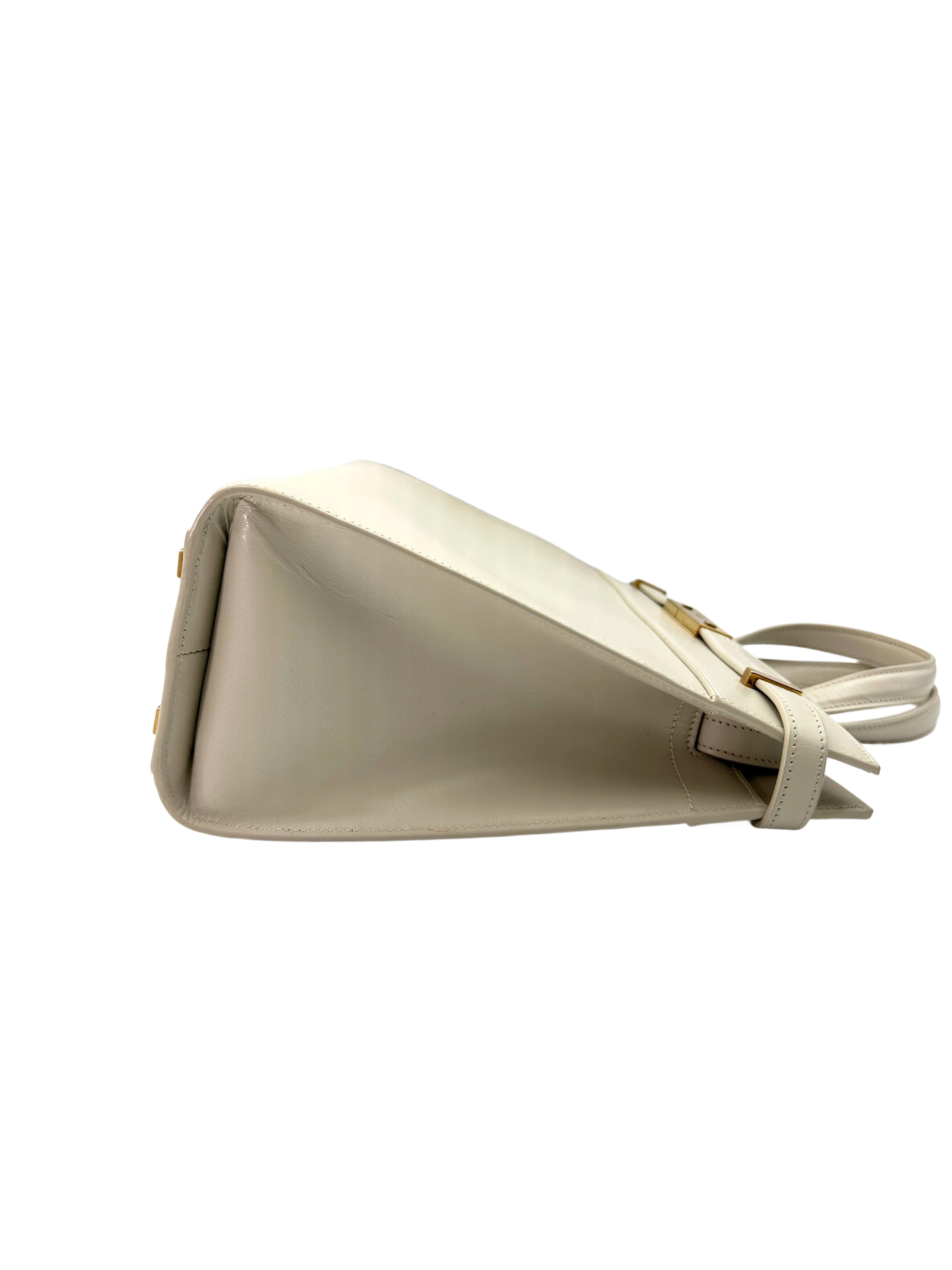 Saint Laurent Manhattan White Leather Handle Bag With Gold Hardware SL193