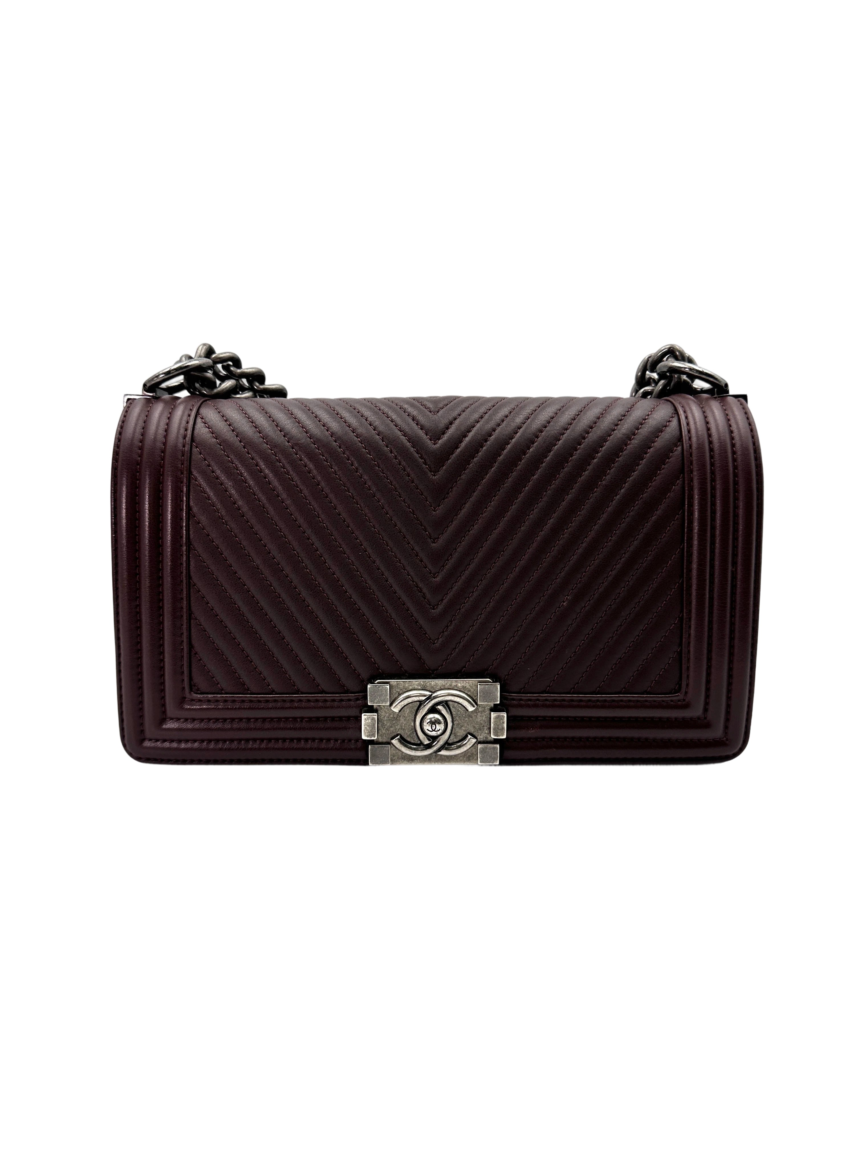 Chanel LeBoy Dark Red Chevron Quilted Leather Medium Size Flap Bag With Silver Buckle(19***47) CC1839