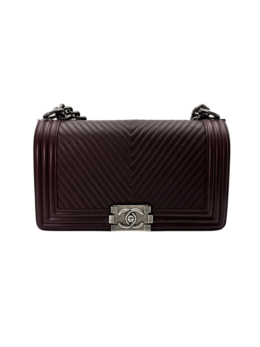 Chanel LeBoy Dark Red Chevron Quilted Leather Medium Size Flap Bag With Silver Buckle(19***47) CC1839