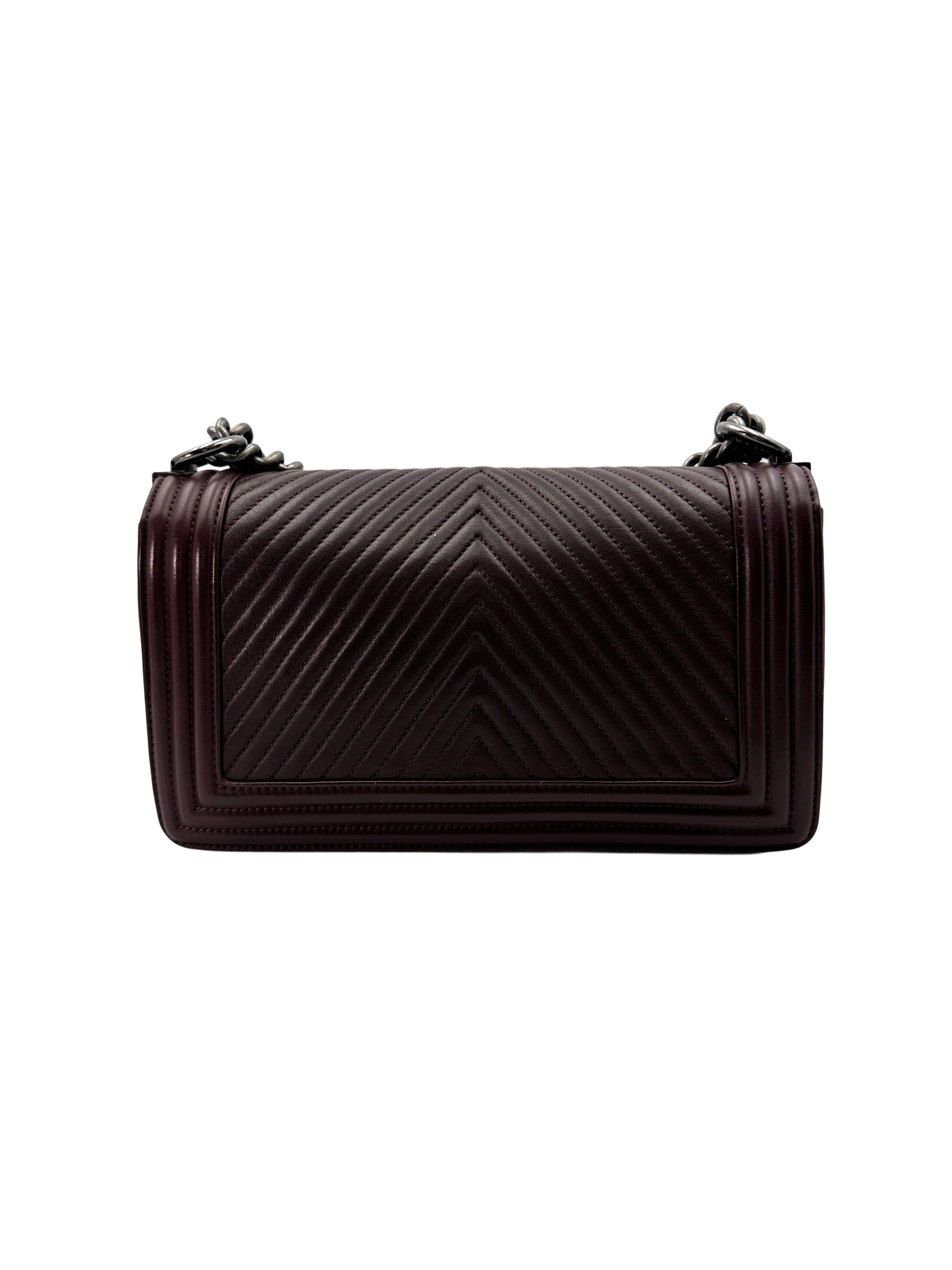 Chanel LeBoy Dark Red Chevron Quilted Leather Medium Size Flap Bag With Silver Buckle(19***47) CC1839