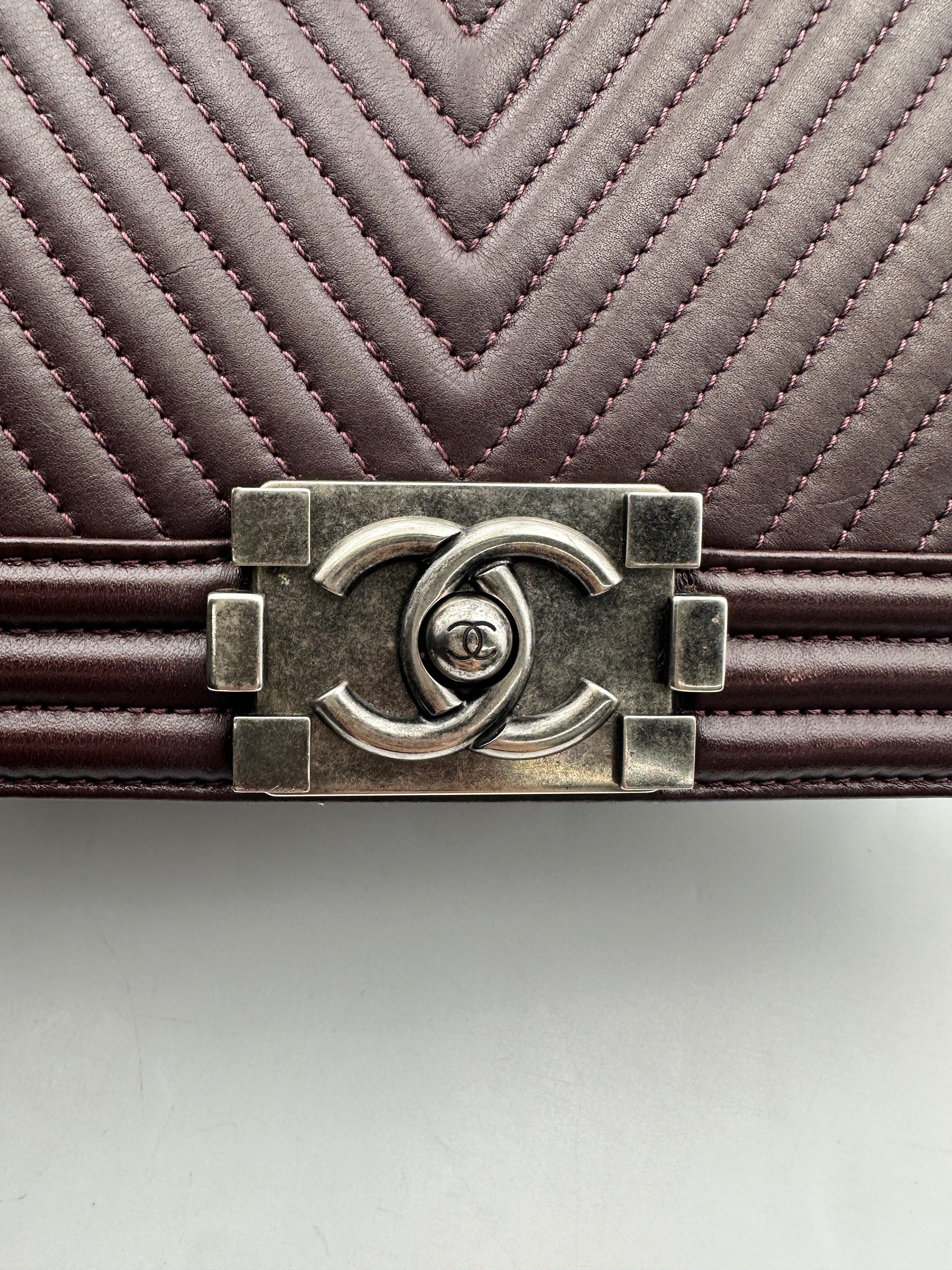 Chanel LeBoy Dark Red Chevron Quilted Leather Medium Size Flap Bag With Silver Buckle(19***47) CC1839