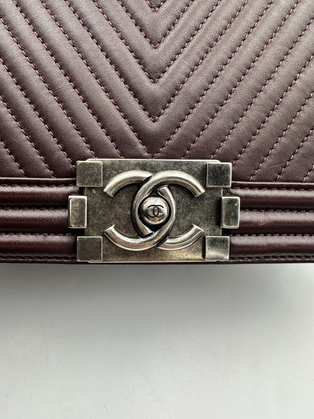 Chanel LeBoy Dark Red Chevron Quilted Leather Medium Size Flap Bag With Silver Buckle(19***47) CC1839