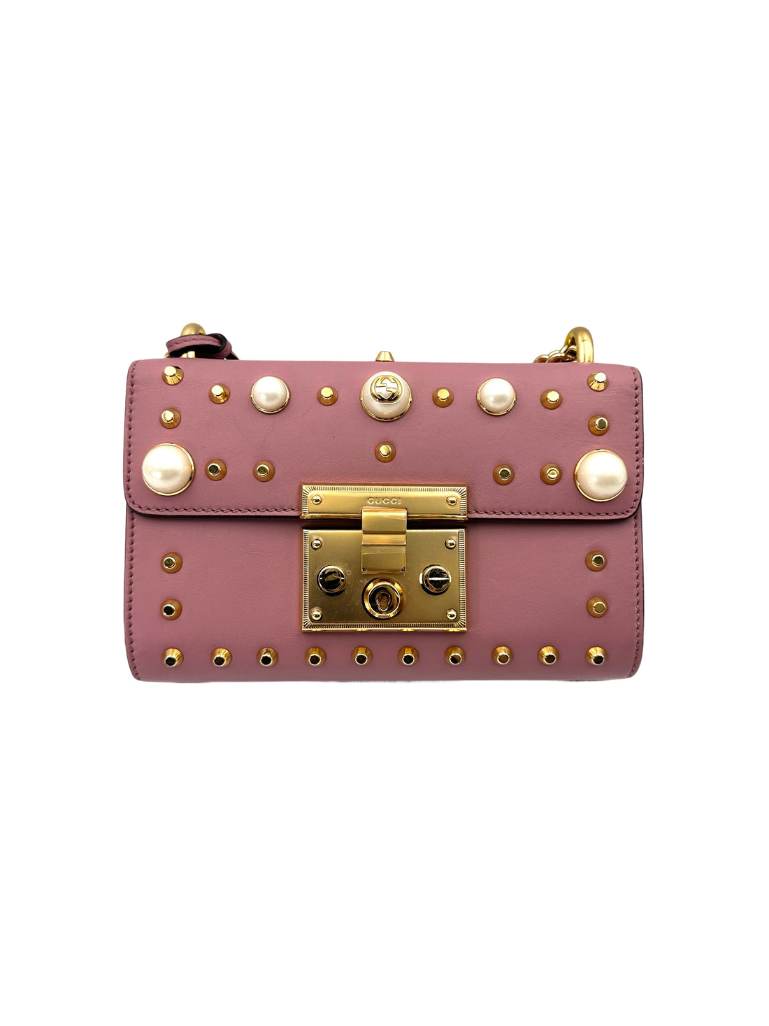 Gucci Padlock Pink Pearl Studded Leather Chain Bag With Gold Hardware IRIS195