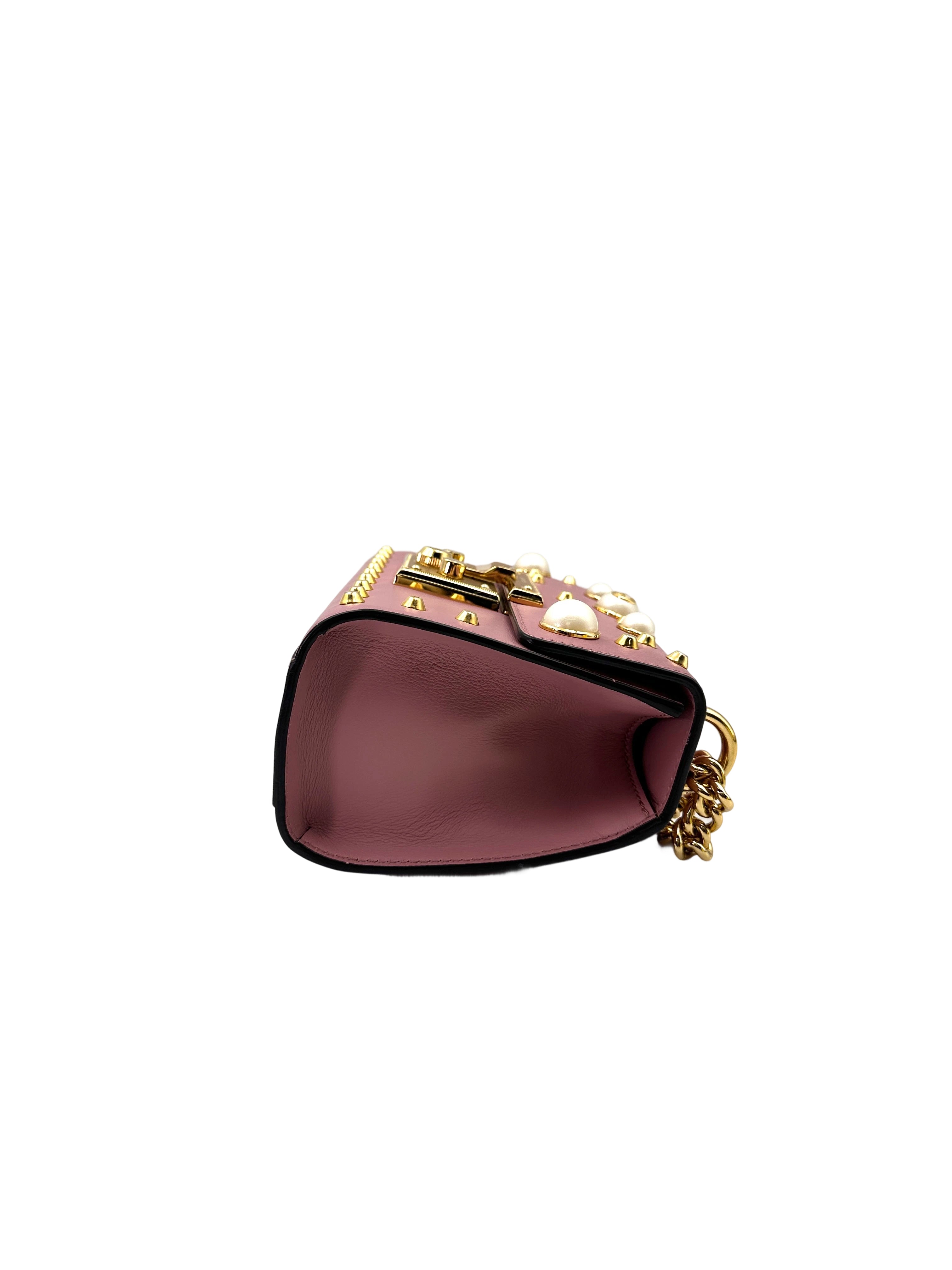 Gucci Padlock Pink Pearl Studded Leather Chain Bag With Gold Hardware IRIS195