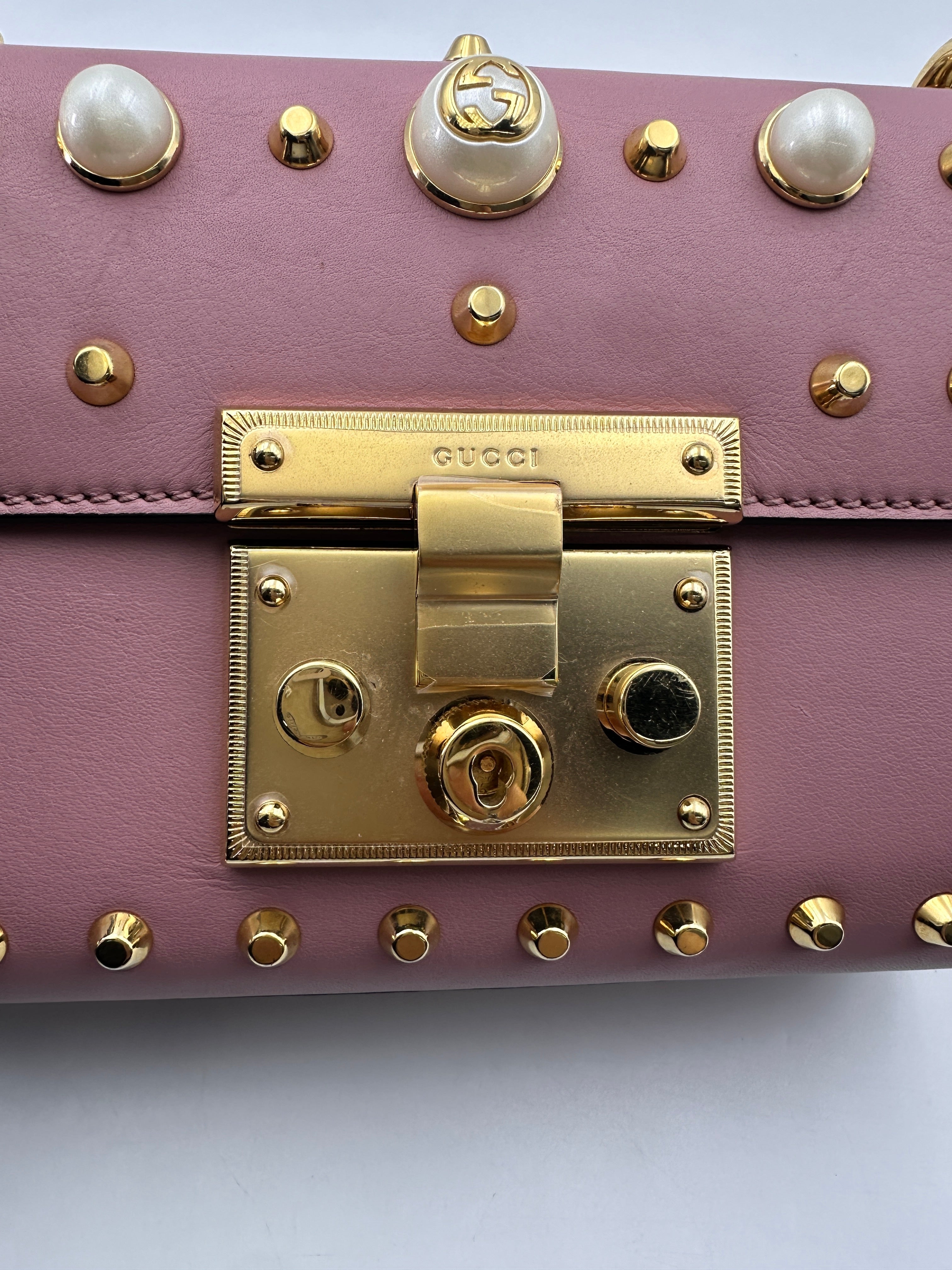 Gucci Padlock Pink Pearl Studded Leather Chain Bag With Gold Hardware IRIS195