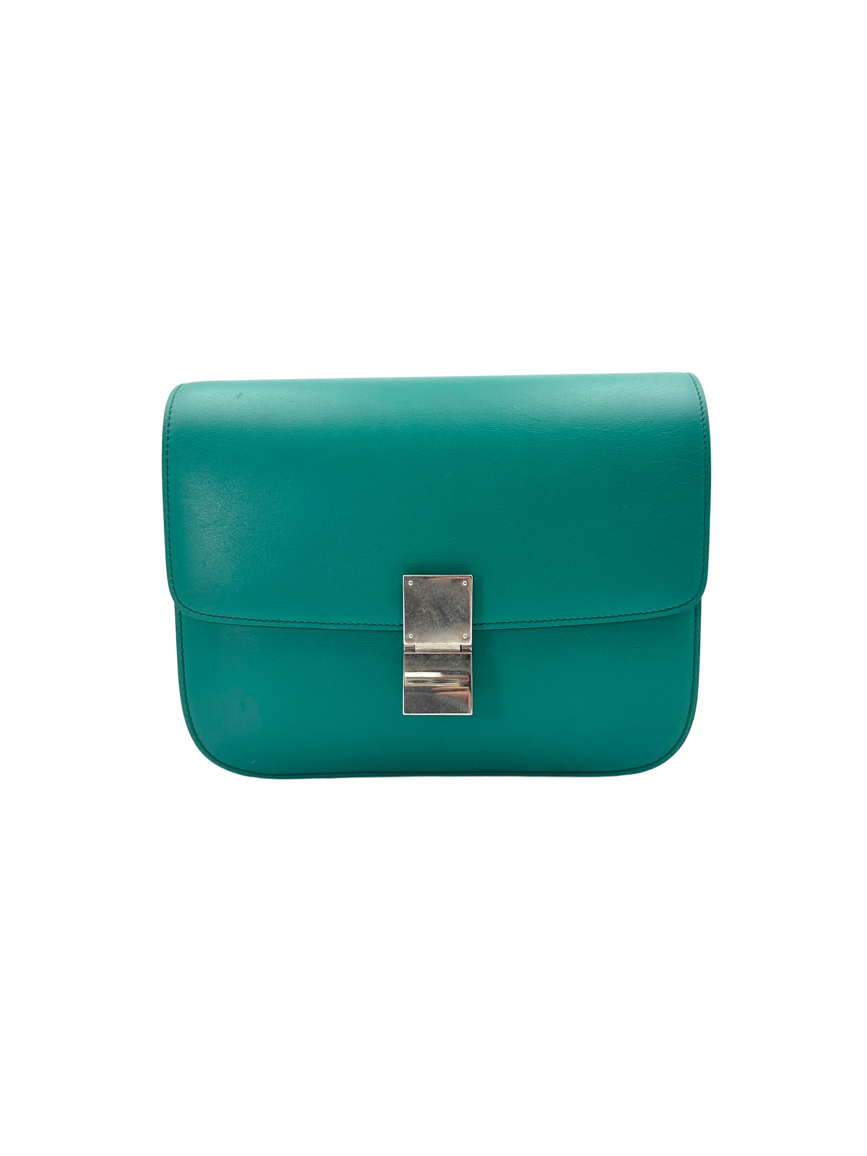Celine Classic Box Green Leather Medium Size Shoulder Bag CE154