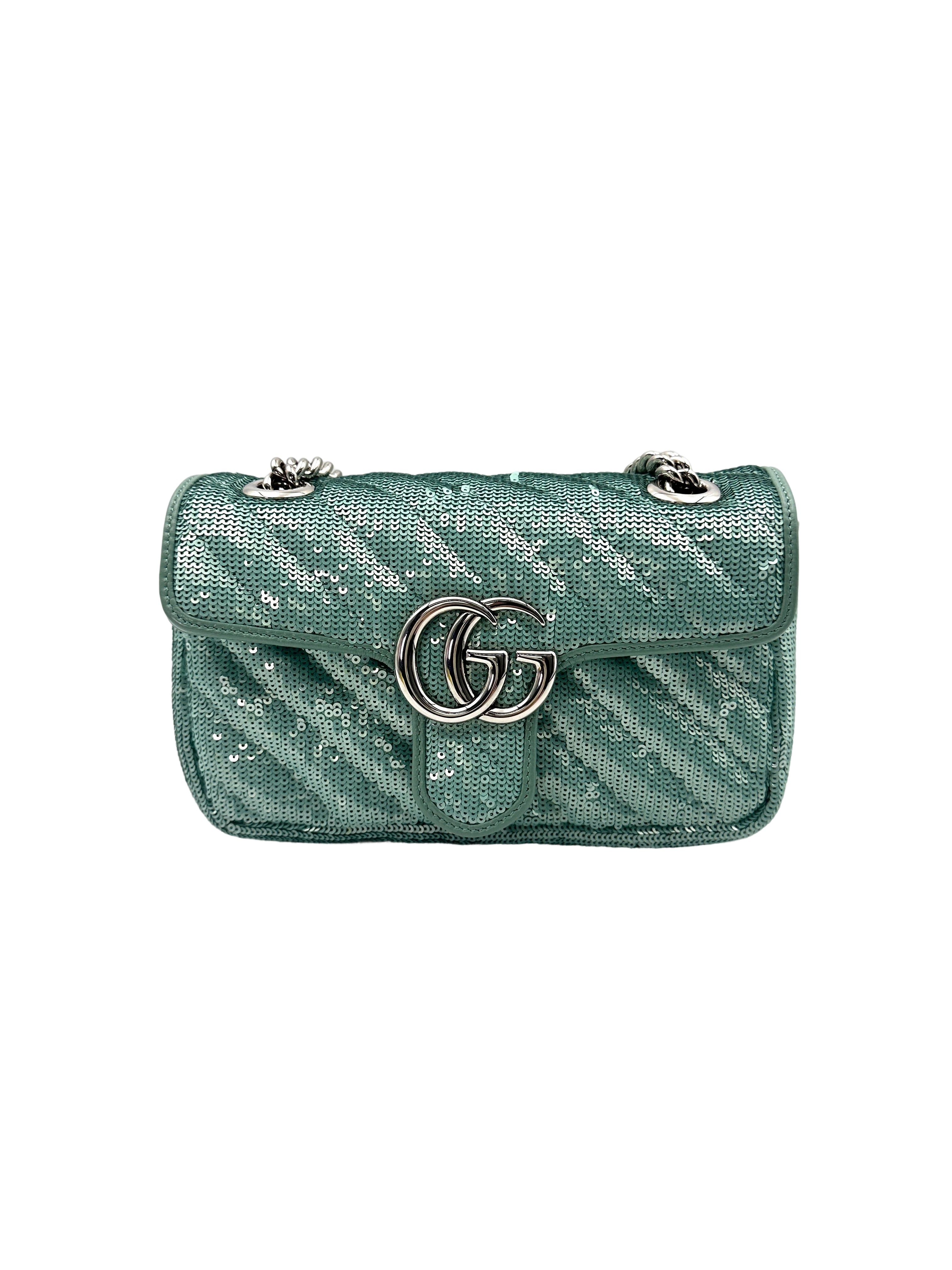 Gucci GG Marmont Green Sequin Small Size Shoulder Bag GG885