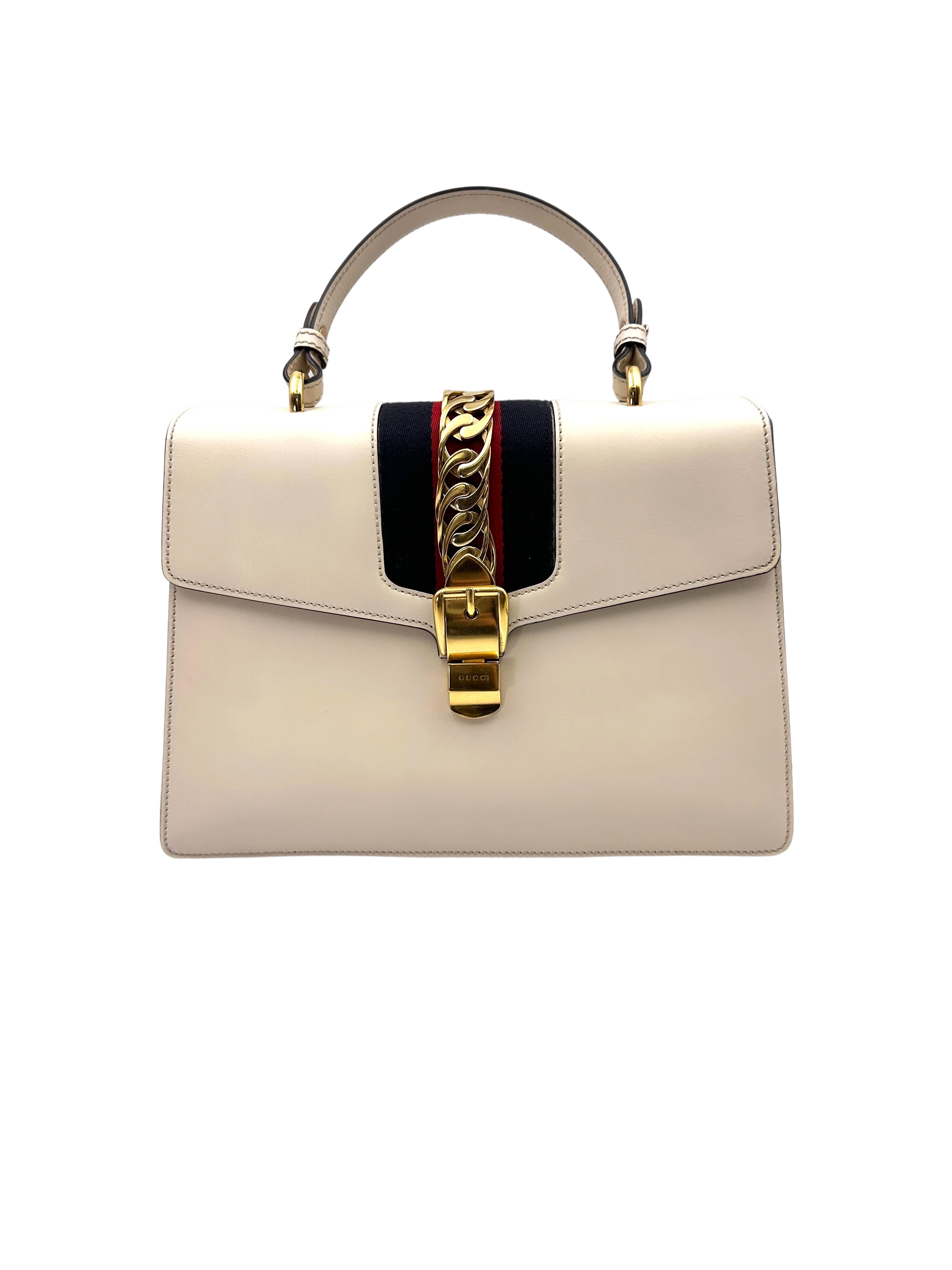 Gucci Sylvie White Leather Large Size Handle Bag GG874