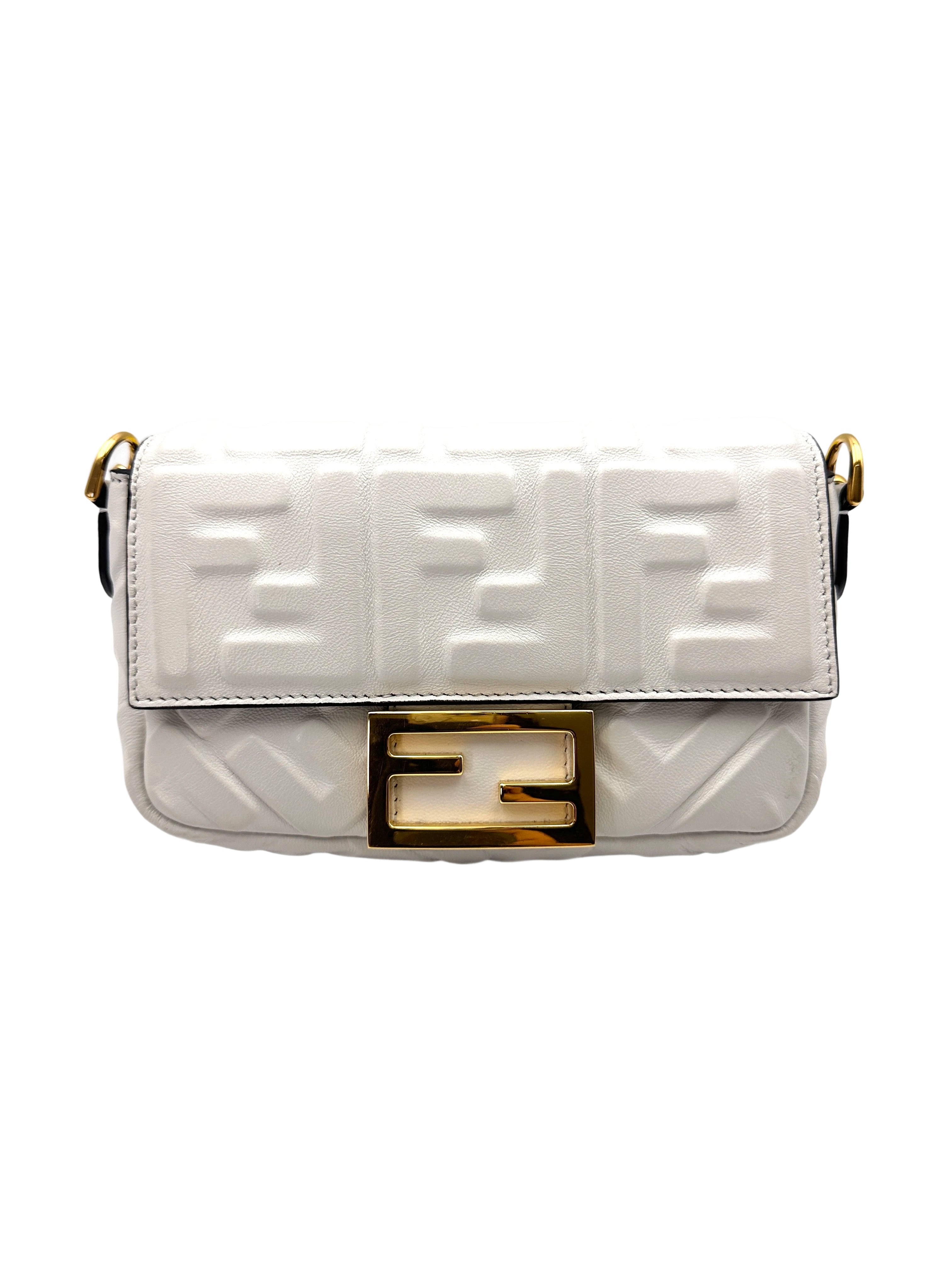 Fendi Baguette White Embossed FF Leather Shoulder Bag With Gold Hardware IRIS194