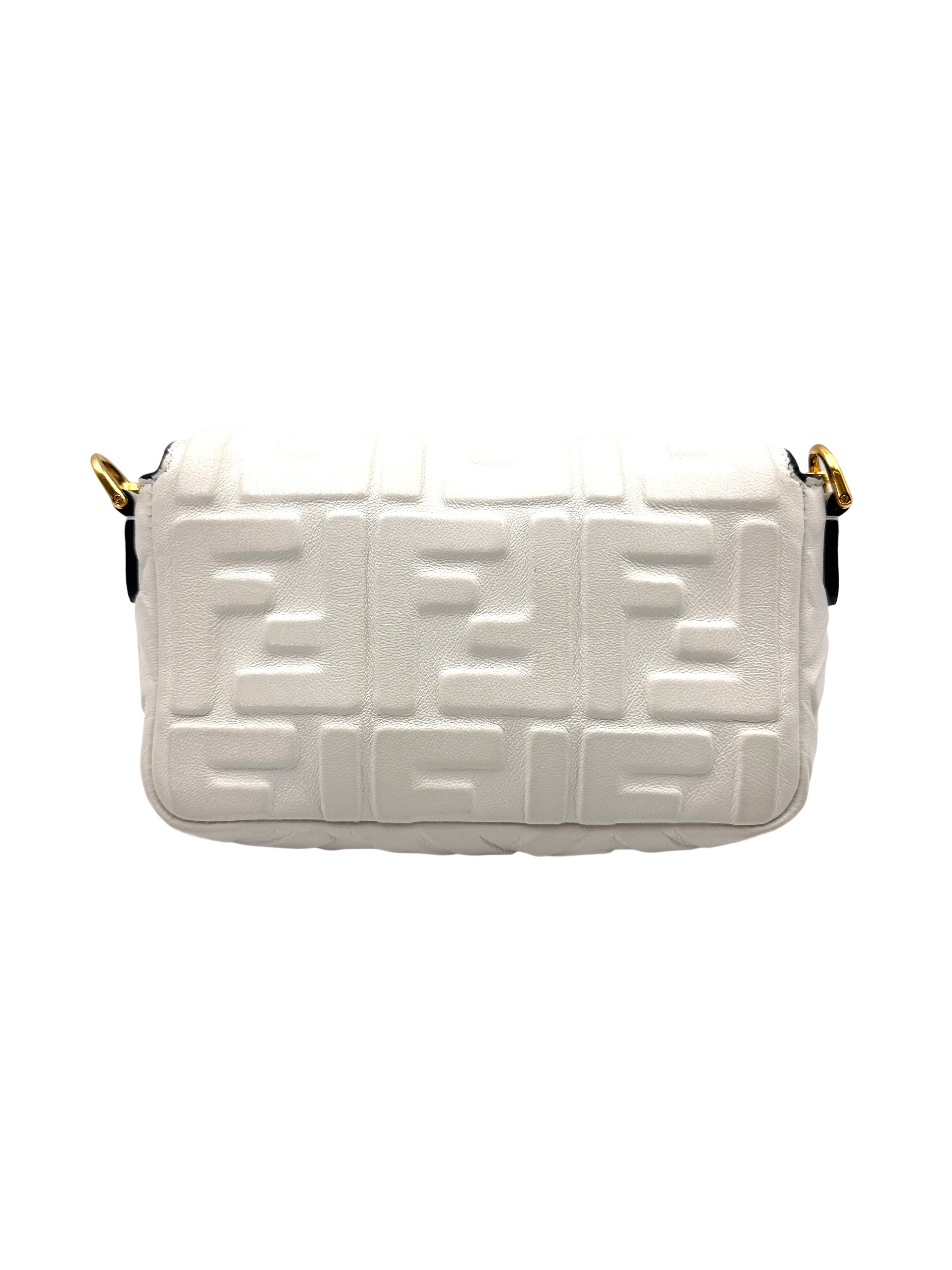 Fendi Baguette White Embossed FF Leather Shoulder Bag With Gold Hardware IRIS194