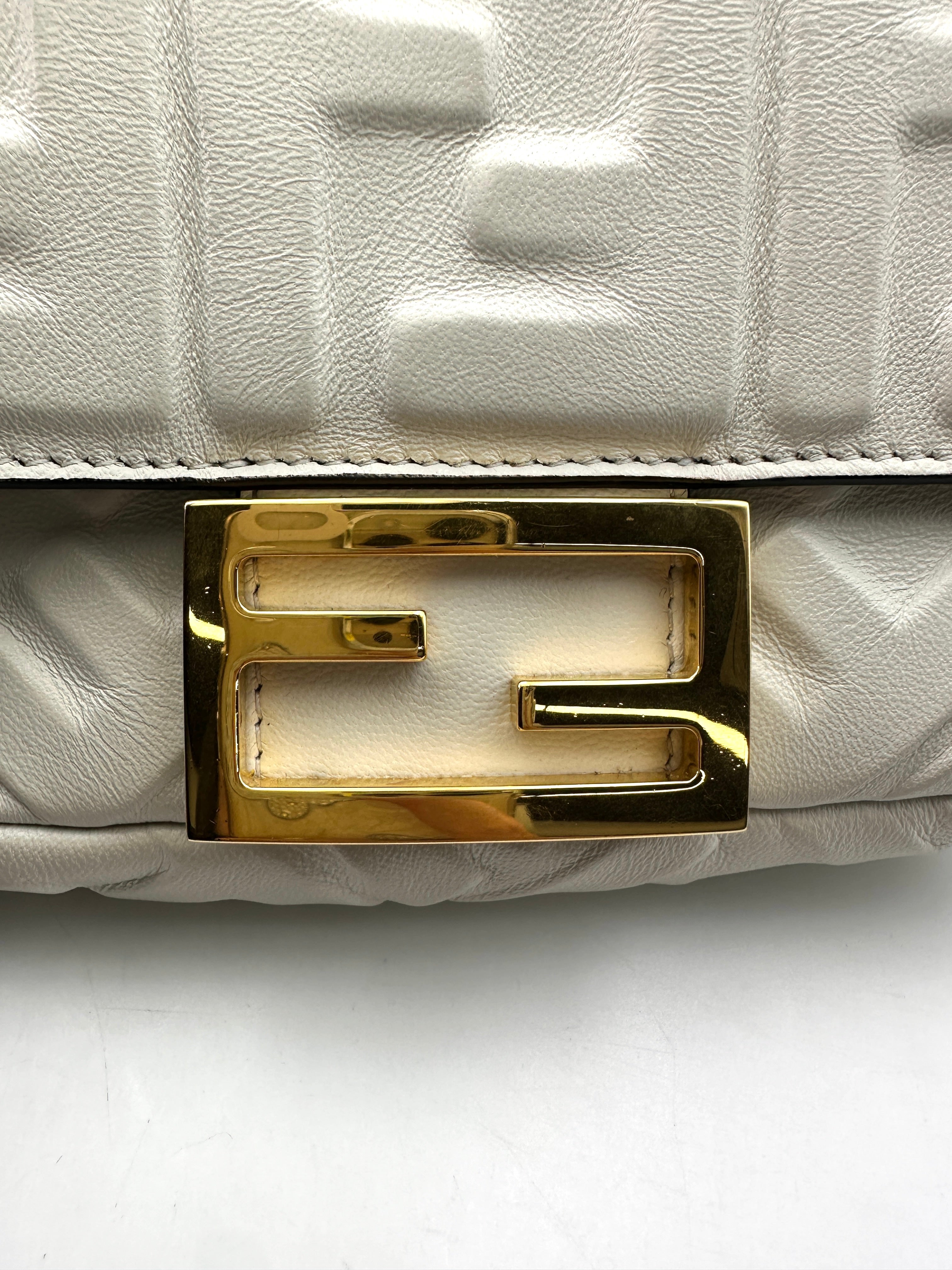Fendi Baguette White Embossed FF Leather Shoulder Bag With Gold Hardware IRIS194