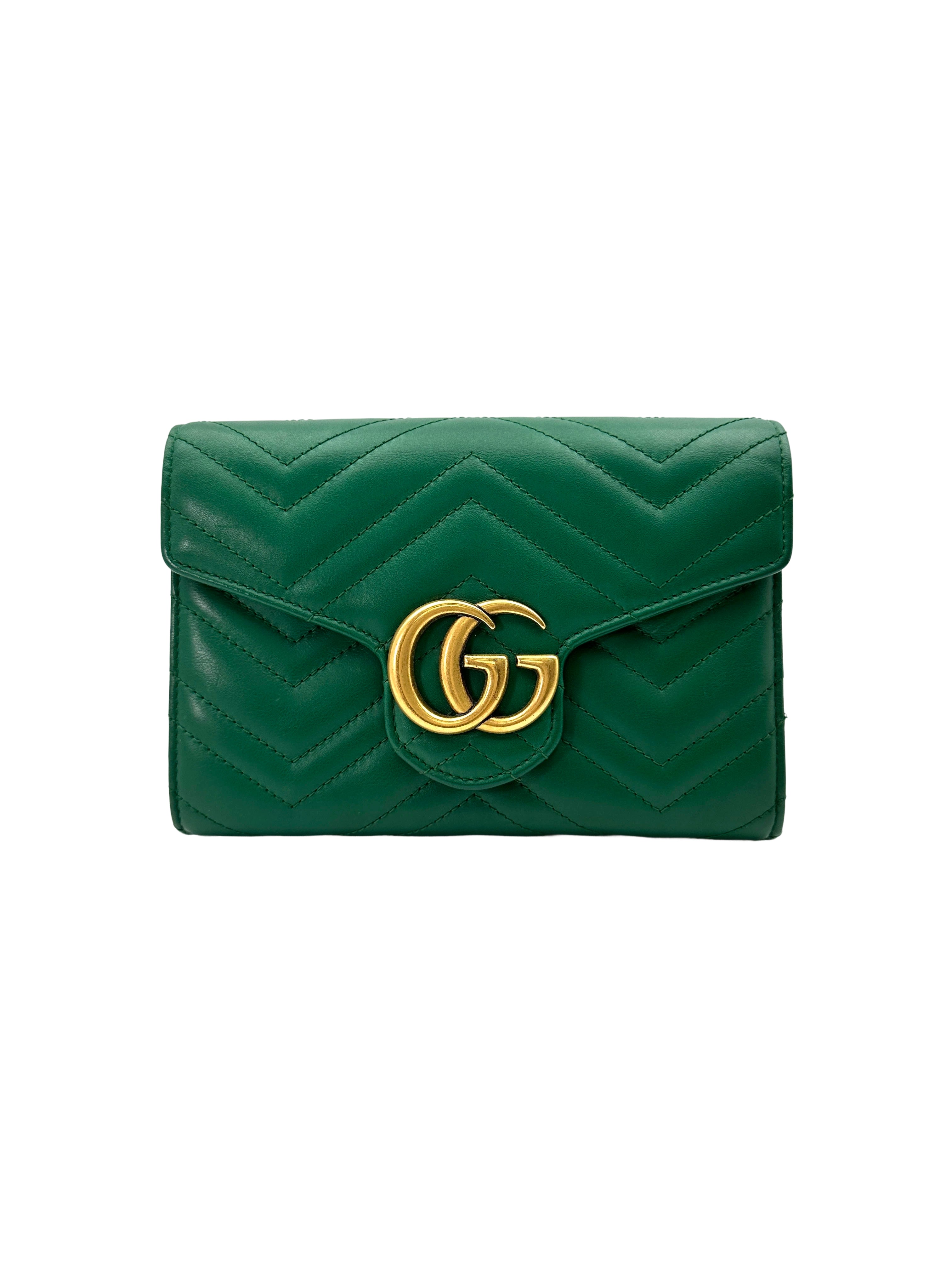 Gucci GG Marmont Green Chevron Quilted Leather Wallet On Chain GG890