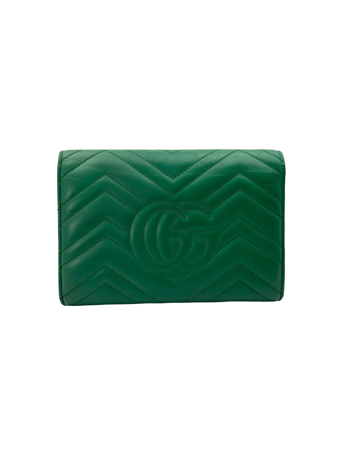 Gucci GG Marmont Green Chevron Quilted Leather Wallet On Chain GG890