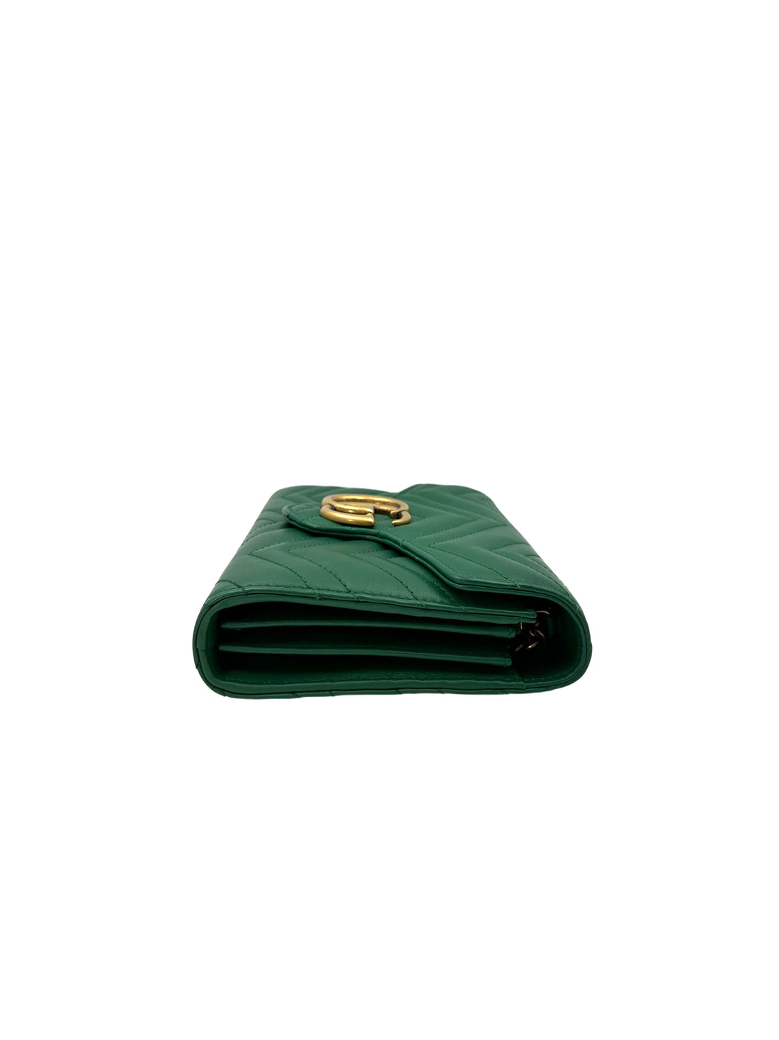 Gucci GG Marmont Green Chevron Quilted Leather Wallet On Chain GG890