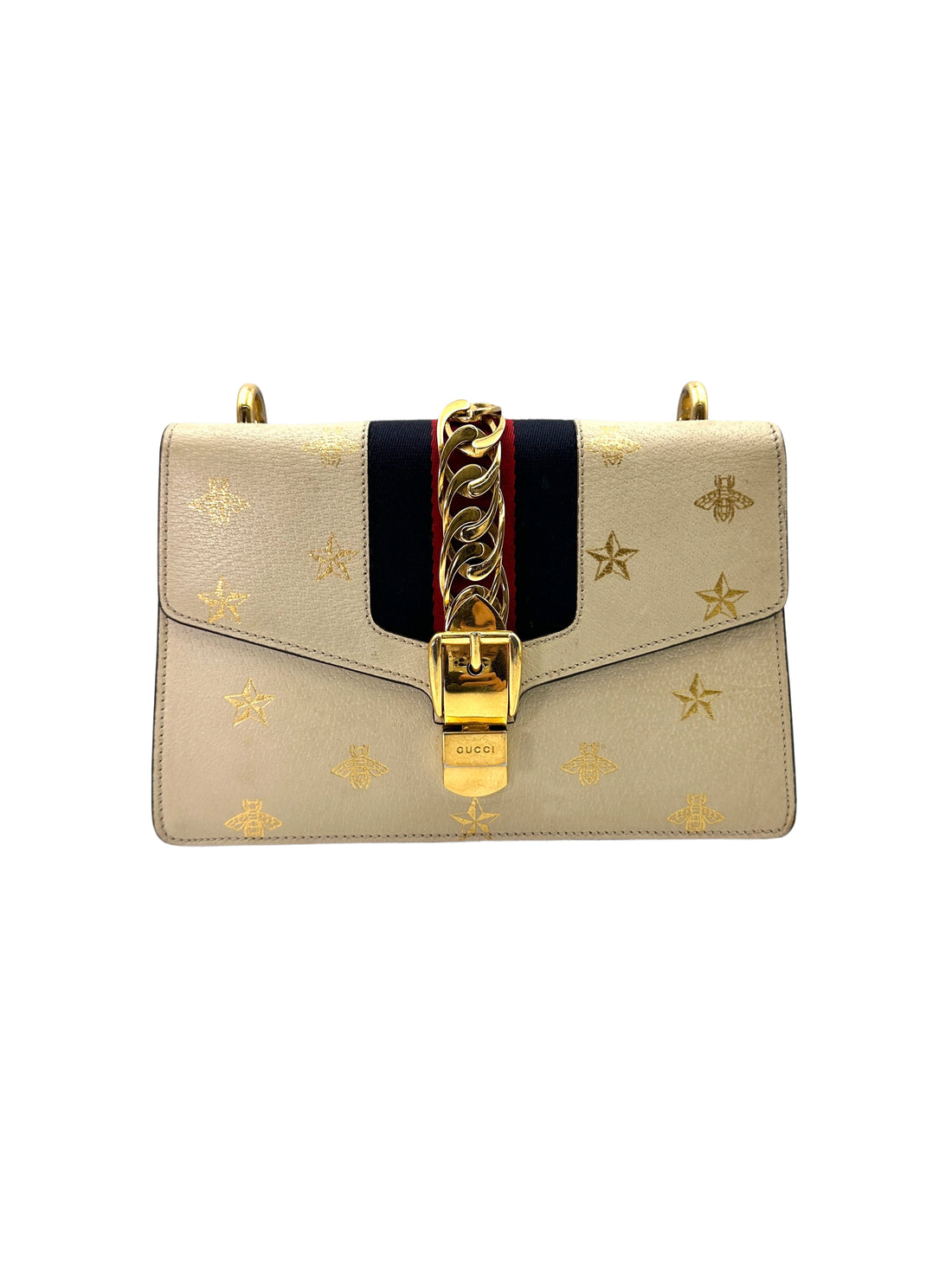 Gucci Sylvie Bee Star White Leather Shoulder Bag GG882
