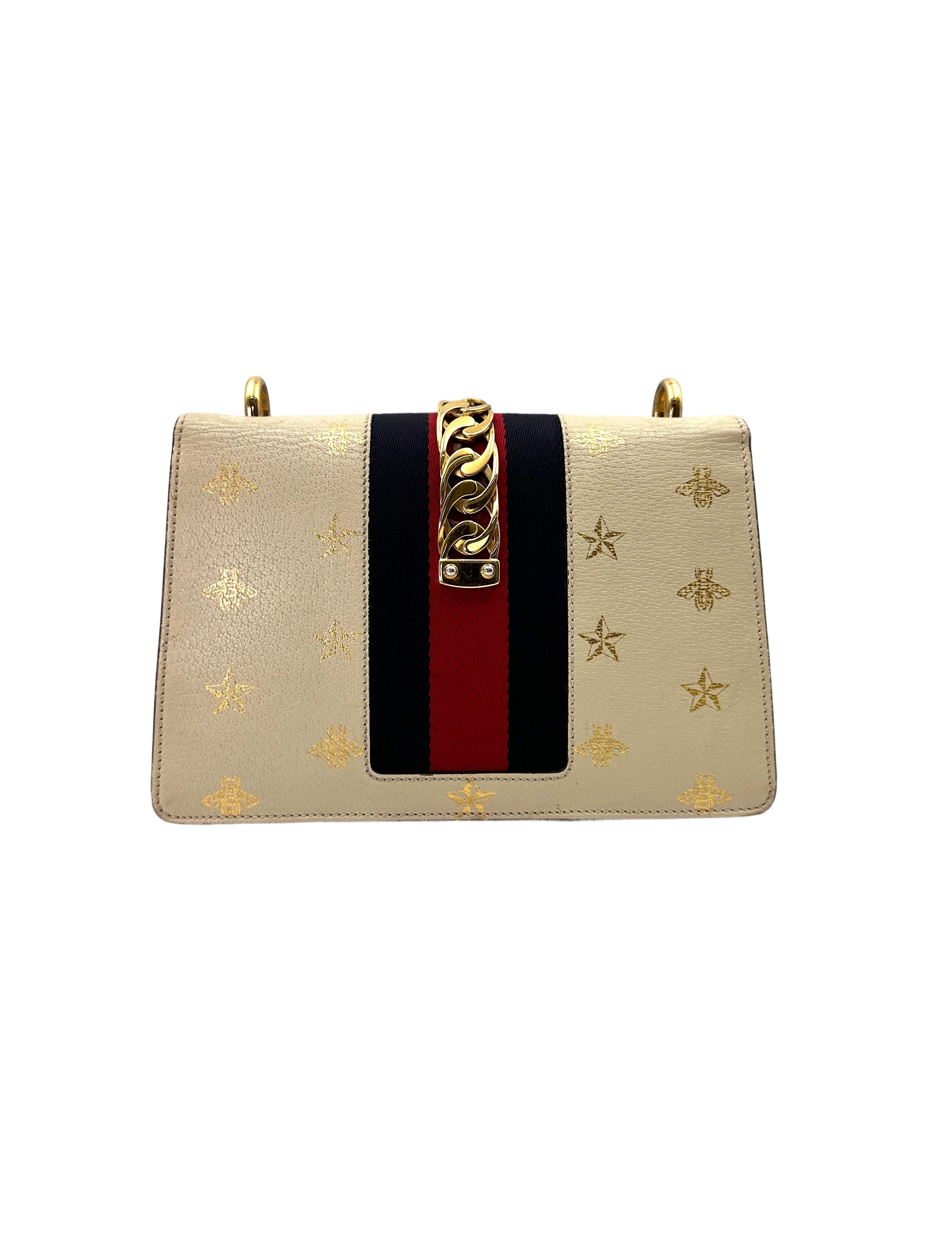 Gucci Sylvie Bee Star White Leather Shoulder Bag GG882