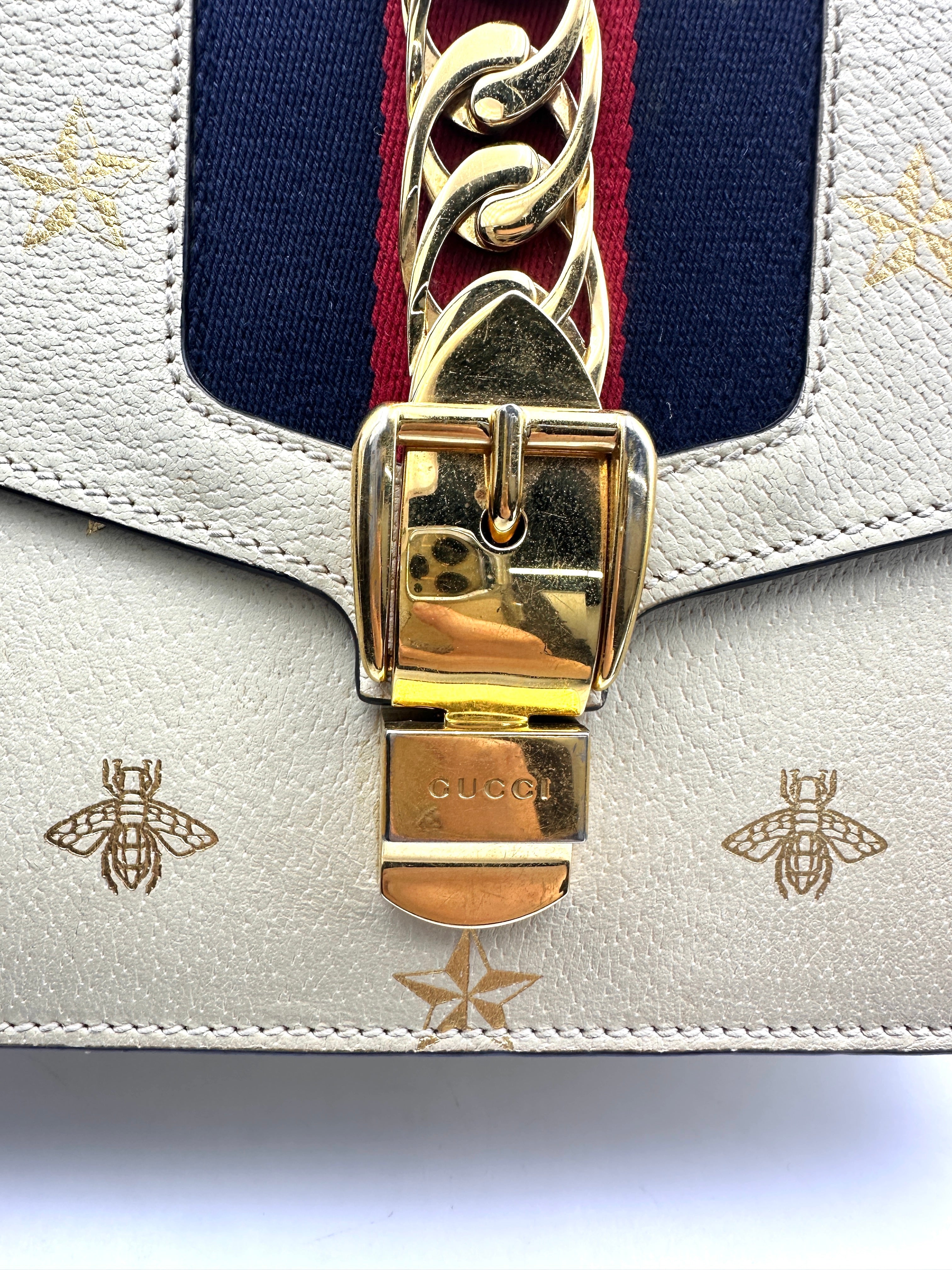 Gucci Sylvie Bee Star White Leather Shoulder Bag GG882
