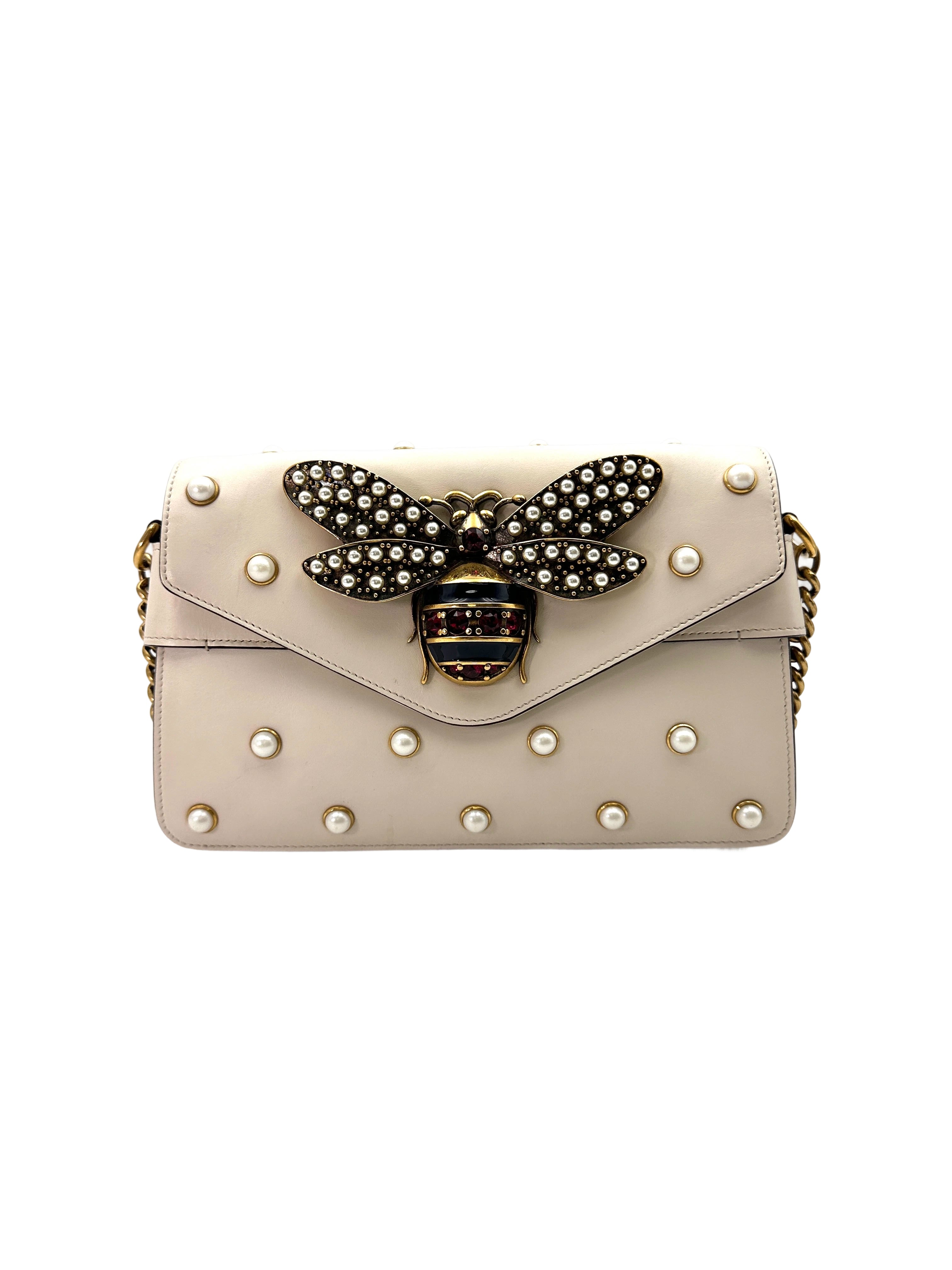 Gucci Queen Margaret Broadway Bee White Leather Pearl Studded Shoulder Bag GG886