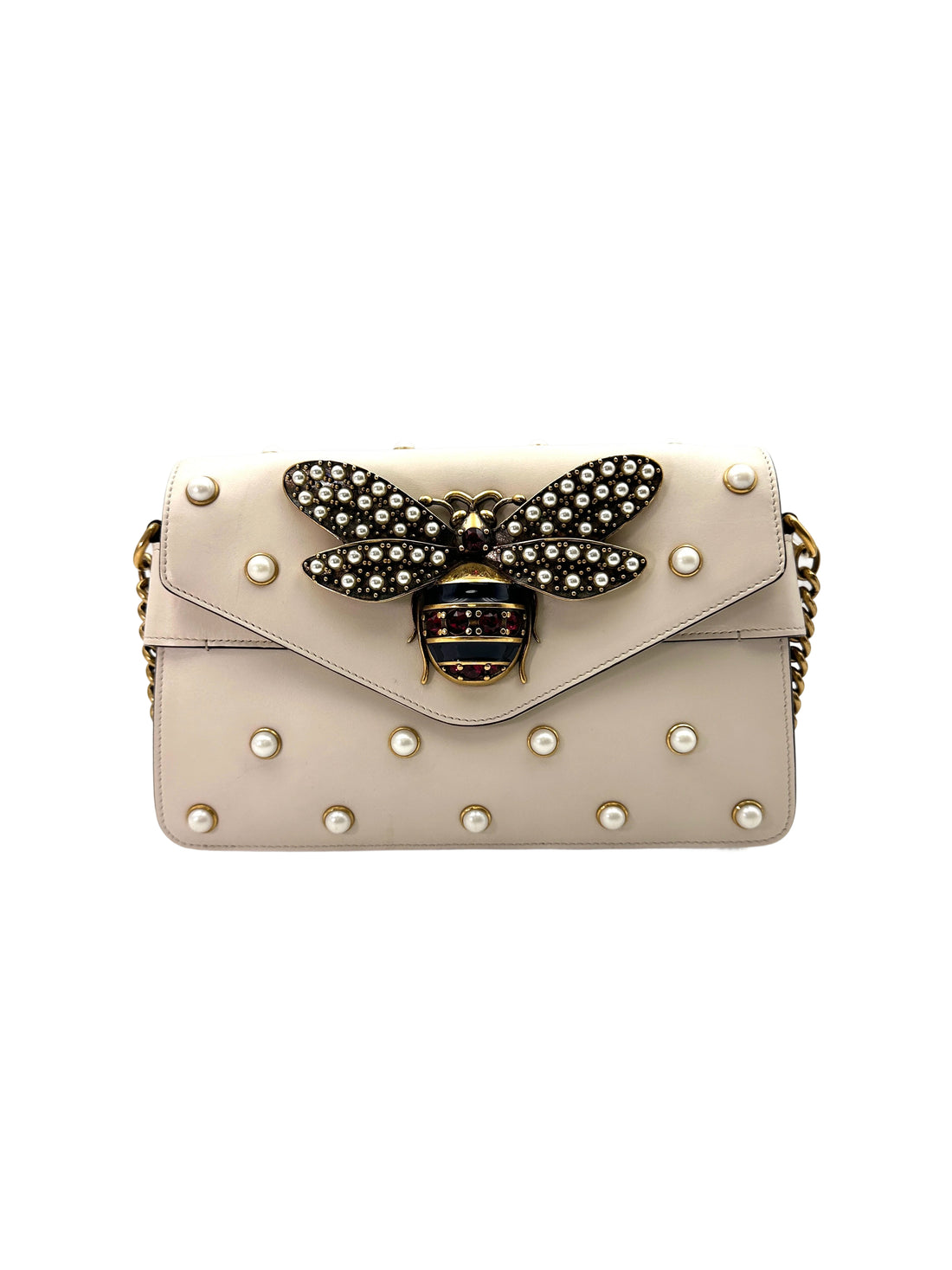 Gucci Queen Margaret Broadway Bee White Leather Pearl Studded Shoulder Bag GG886