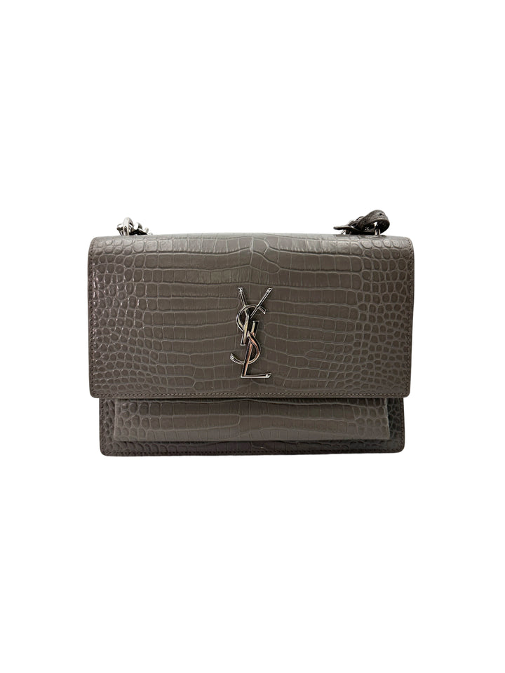 Saint Laurent Sunset Grey Croc-Embossed Leather Medium Size Shoulder Bag SL194