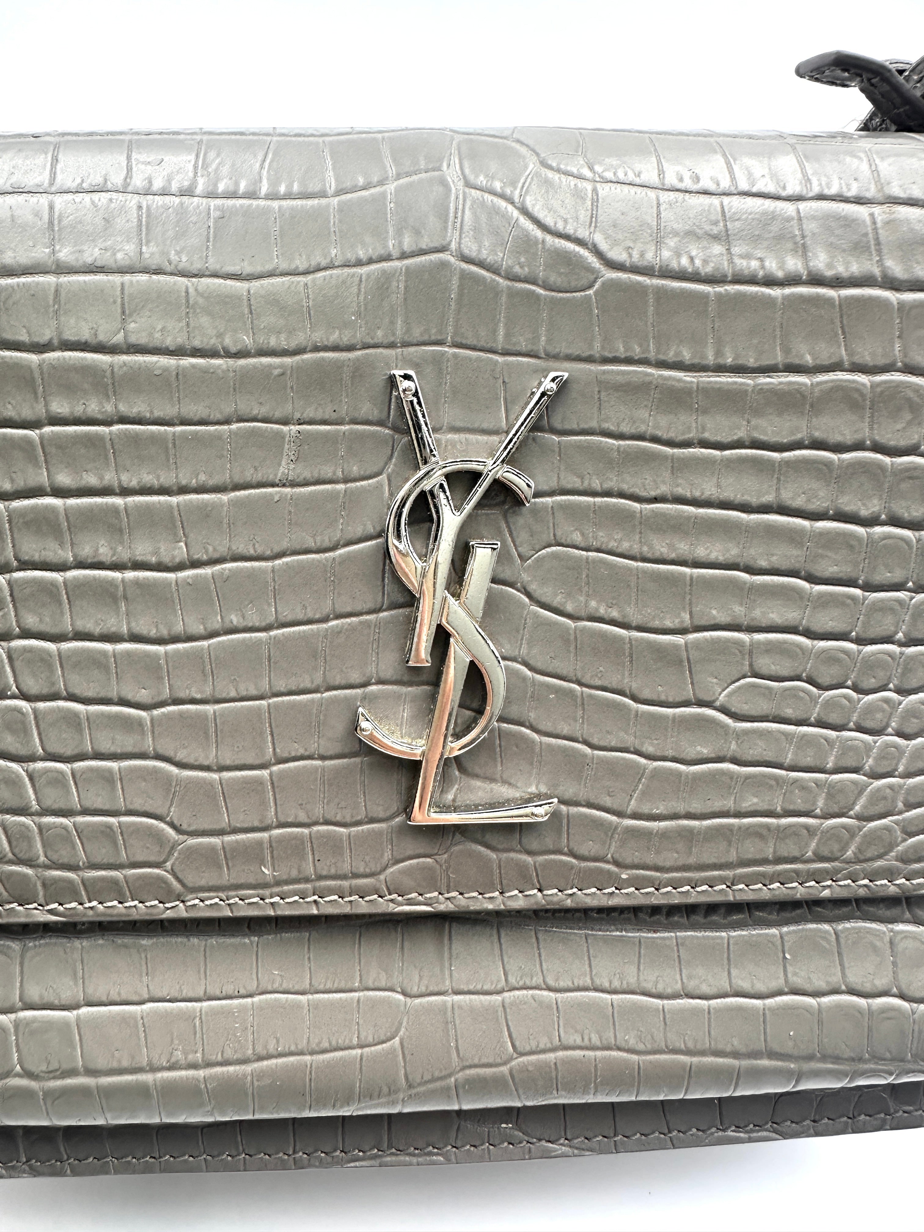 Saint Laurent Sunset Grey Croc-Embossed Leather Medium Size Shoulder Bag SL194