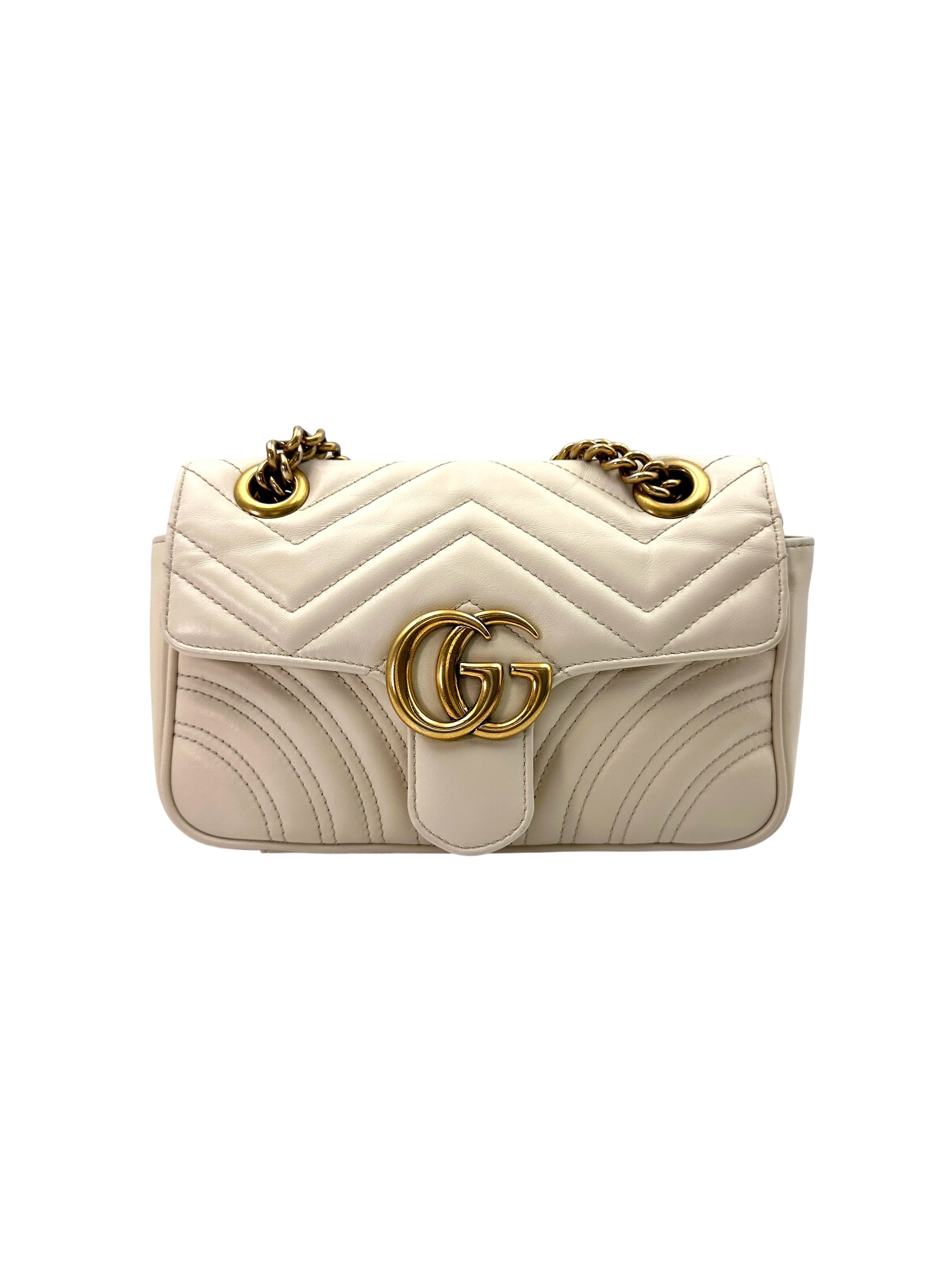 Gucci GG Marmont White Chevron Quilted Leather Wallet On Chain GG889