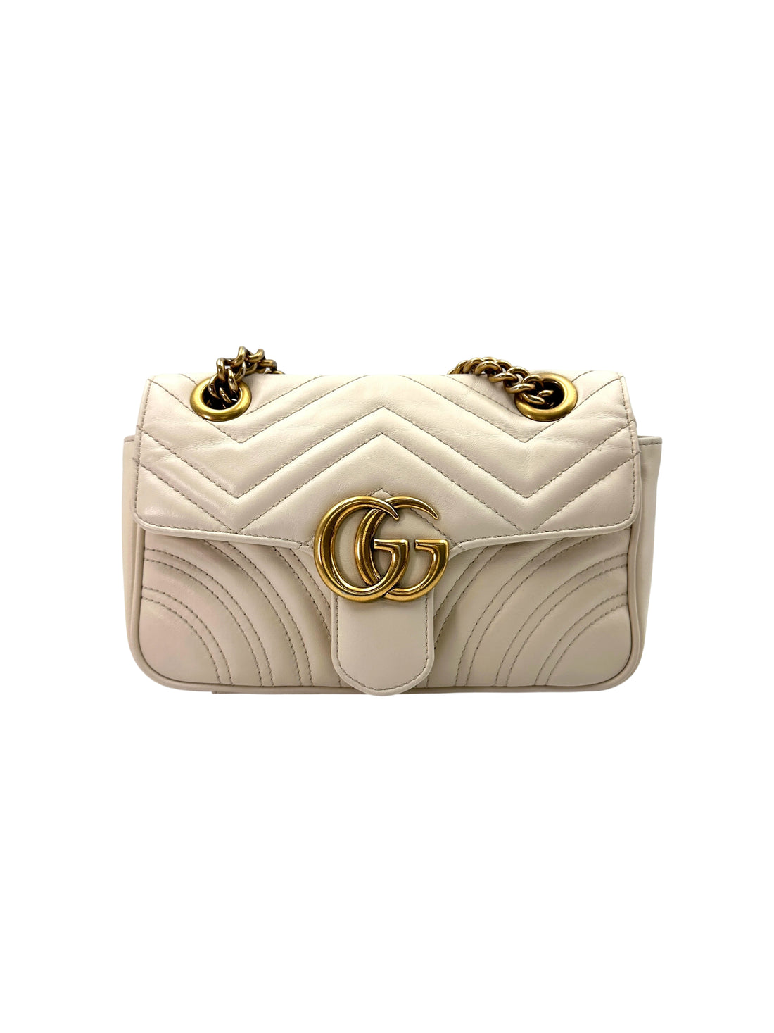 Gucci GG Marmont White Chevron Quilted Leather Wallet On Chain GG889