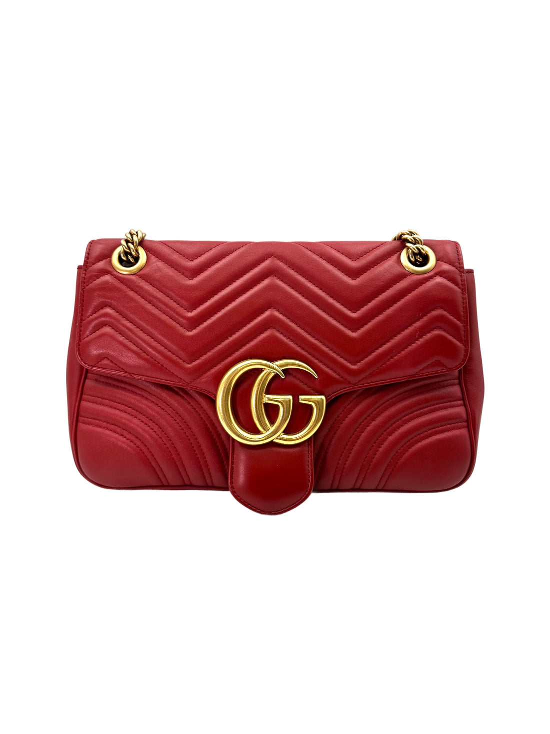 Gucci GG Marmont Red Chevron Quilted Leather Chain Shoulder Bag GG880