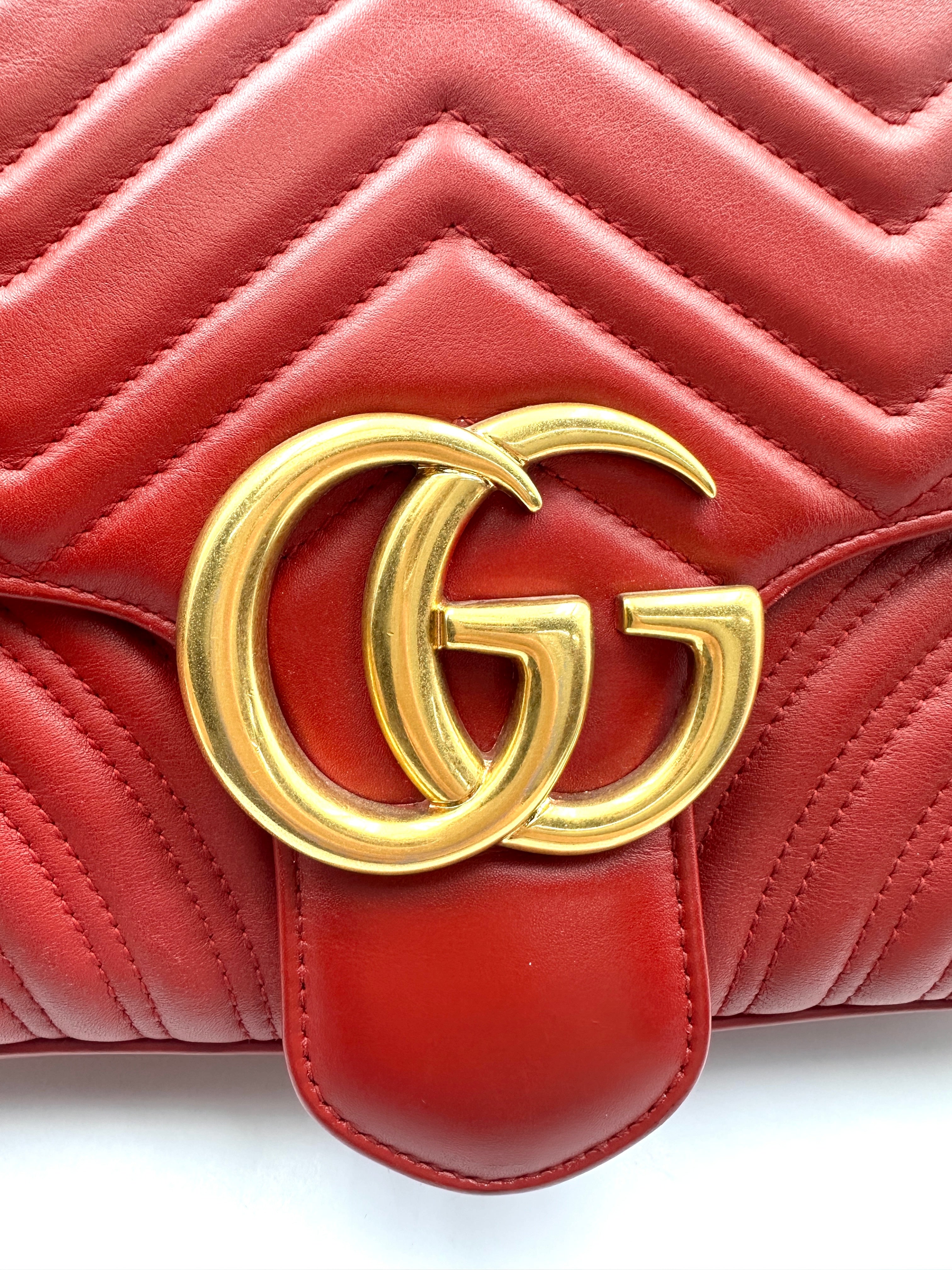Gucci GG Marmont Red Chevron Quilted Leather Chain Shoulder Bag GG880