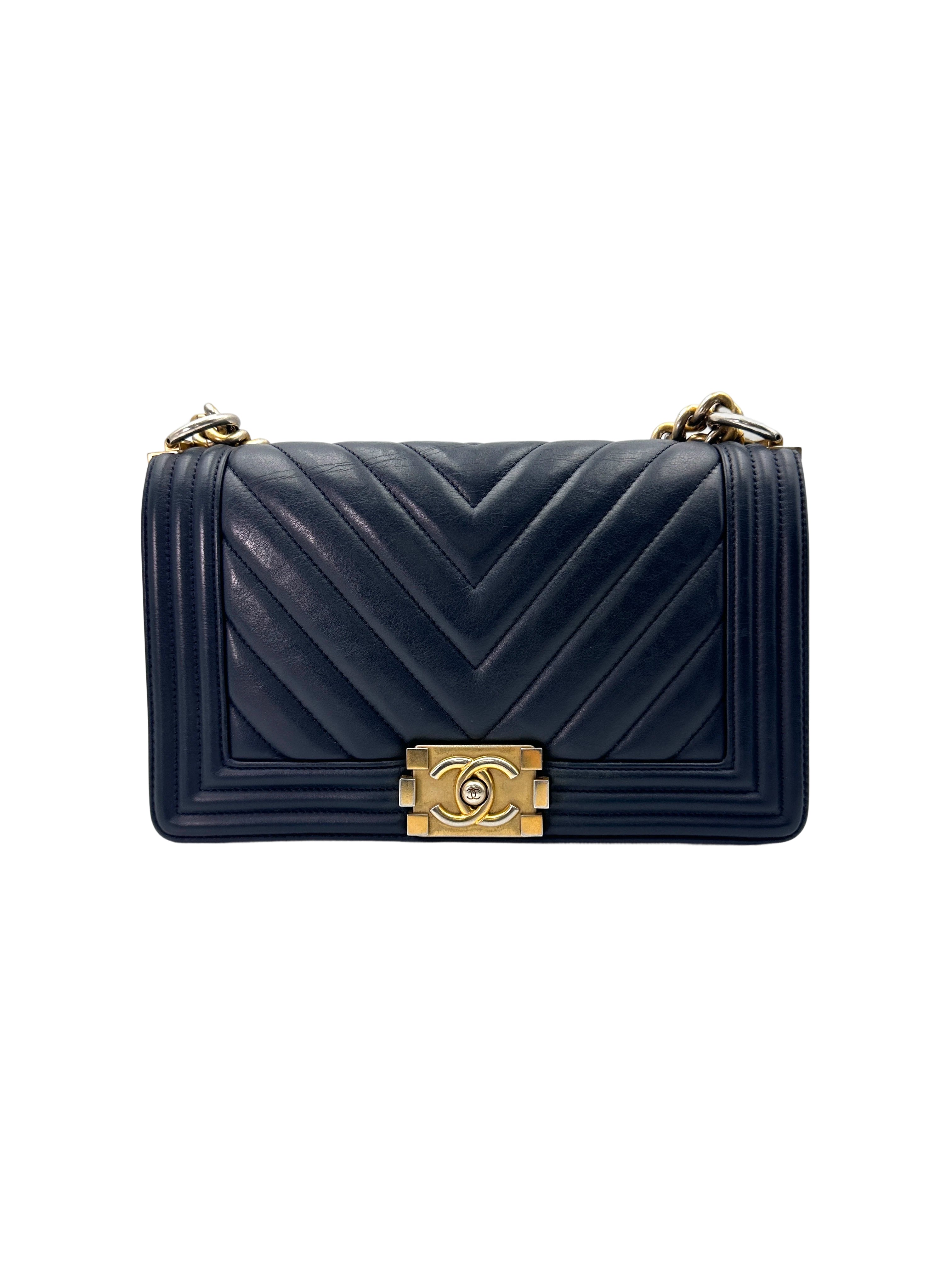 Chanel LeBoy Black Chevron Quilted Leather Flap Bag With Gold Buckle(25***16) CC1845