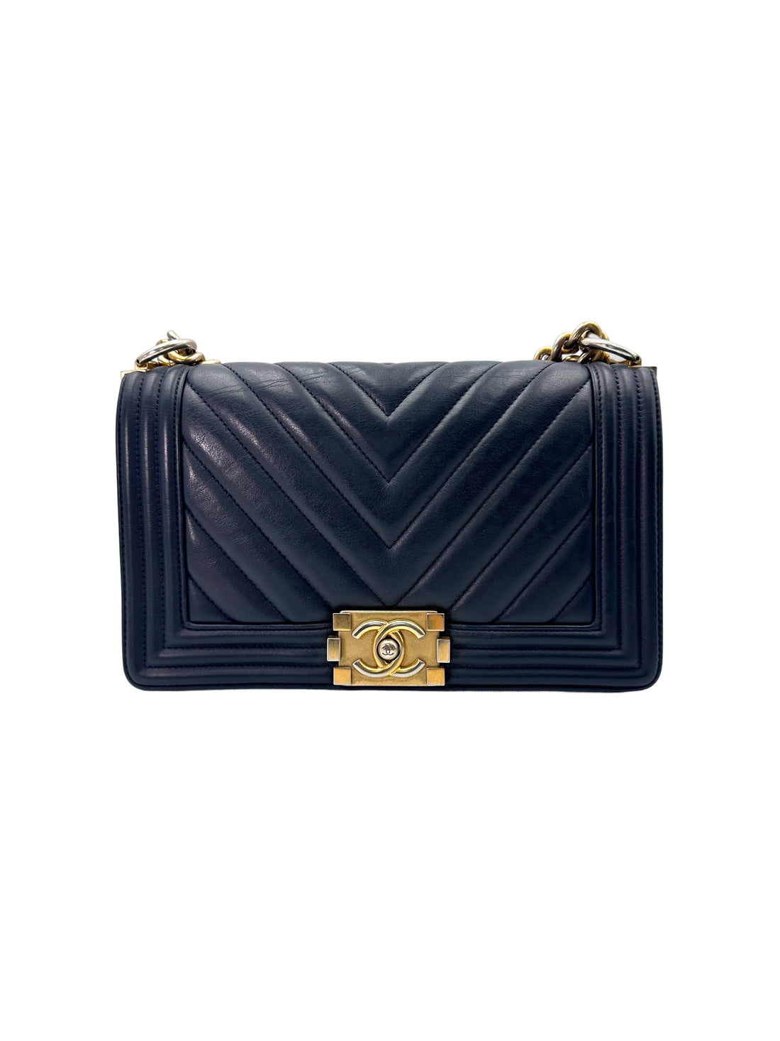 Chanel LeBoy Black Chevron Quilted Leather Flap Bag With Gold Buckle(25***16) CC1845