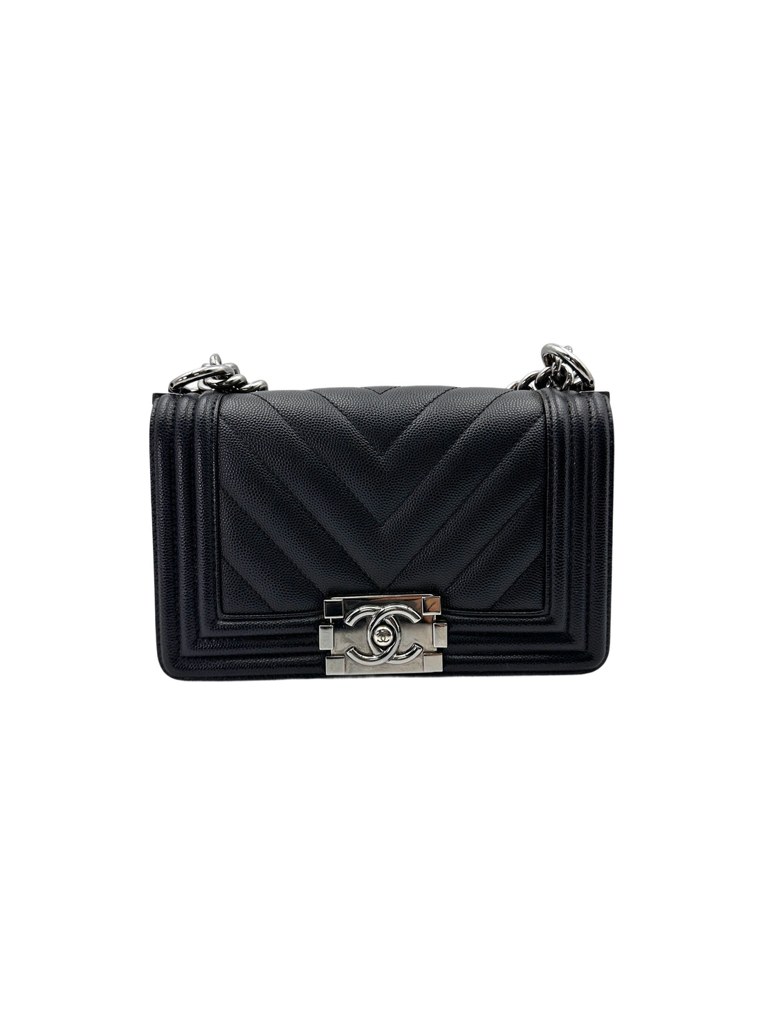 Chanel LeBoy Black Chevron Quilted Leather Small Size Flap Bag With Silver Buckle(25***79) CC1851